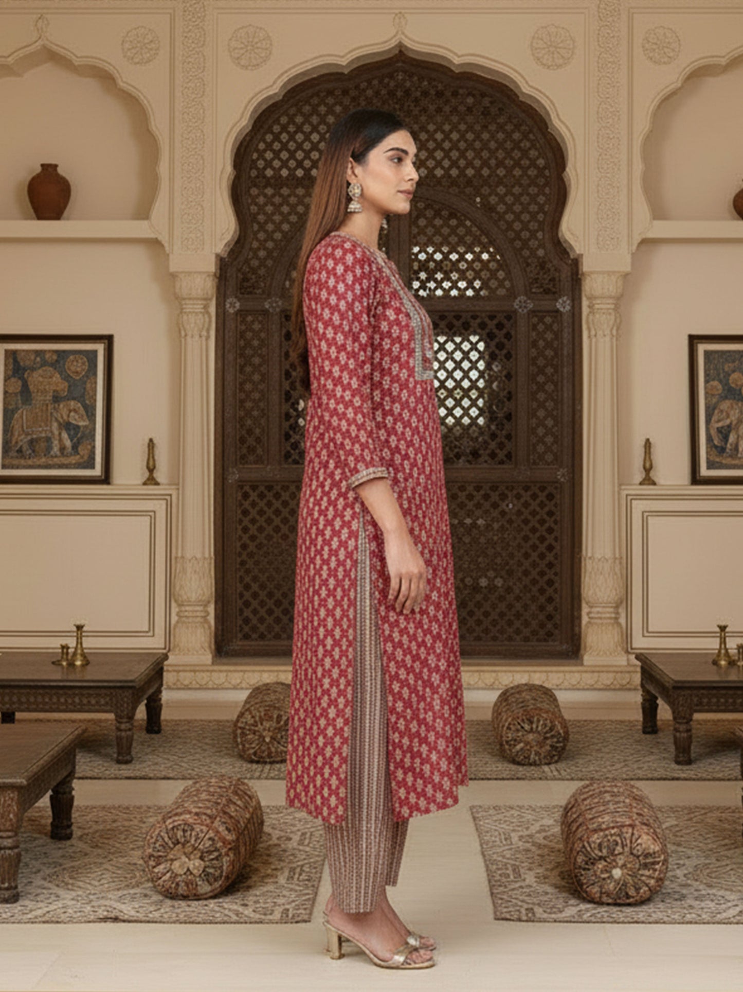 Embroidered Soft Cotton Floral Straight Red Kurta