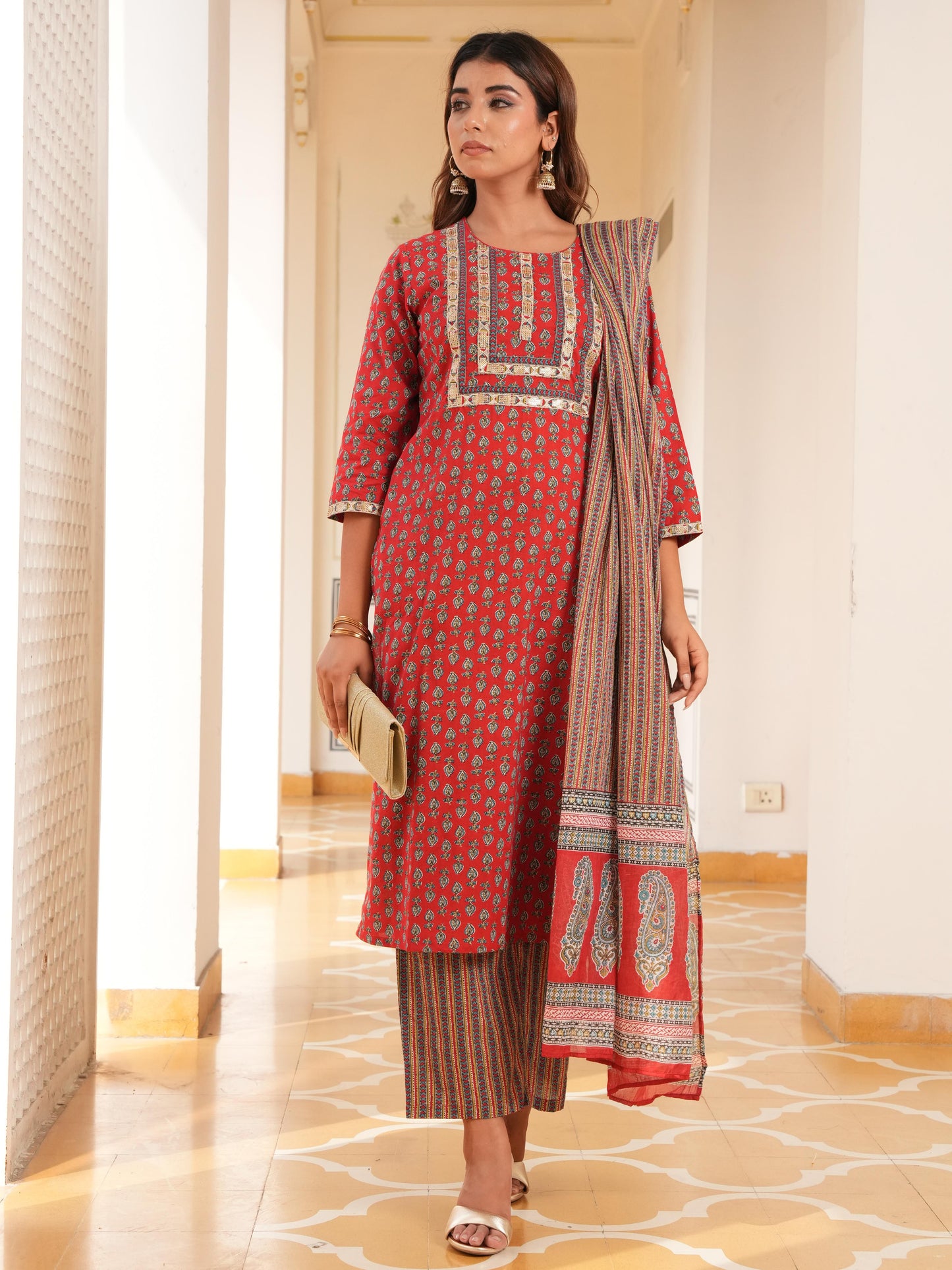 Embroidered Soft Cotton Floral Straight Red Kurta