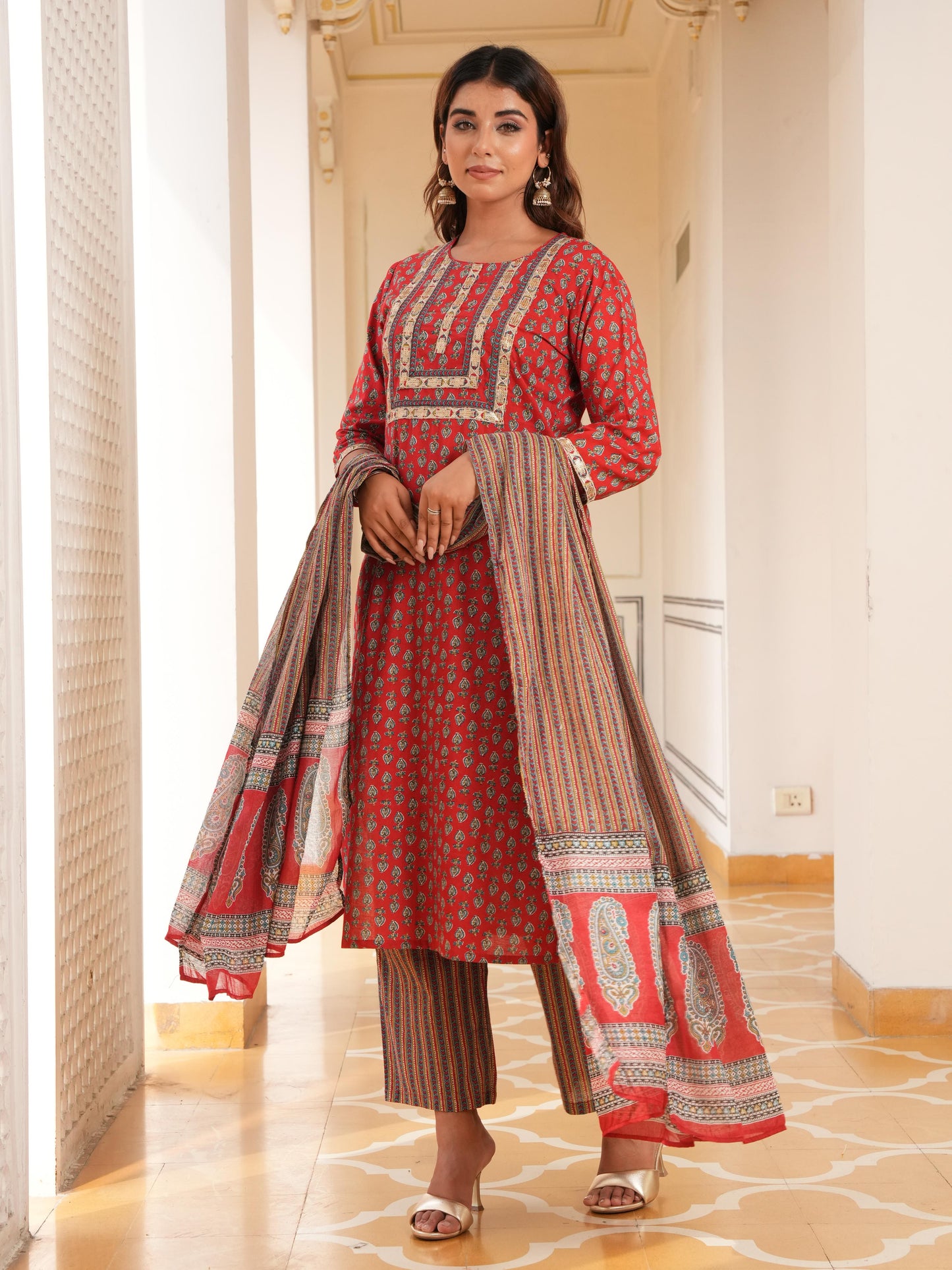 Embroidered Soft Cotton Floral Straight Red Kurta