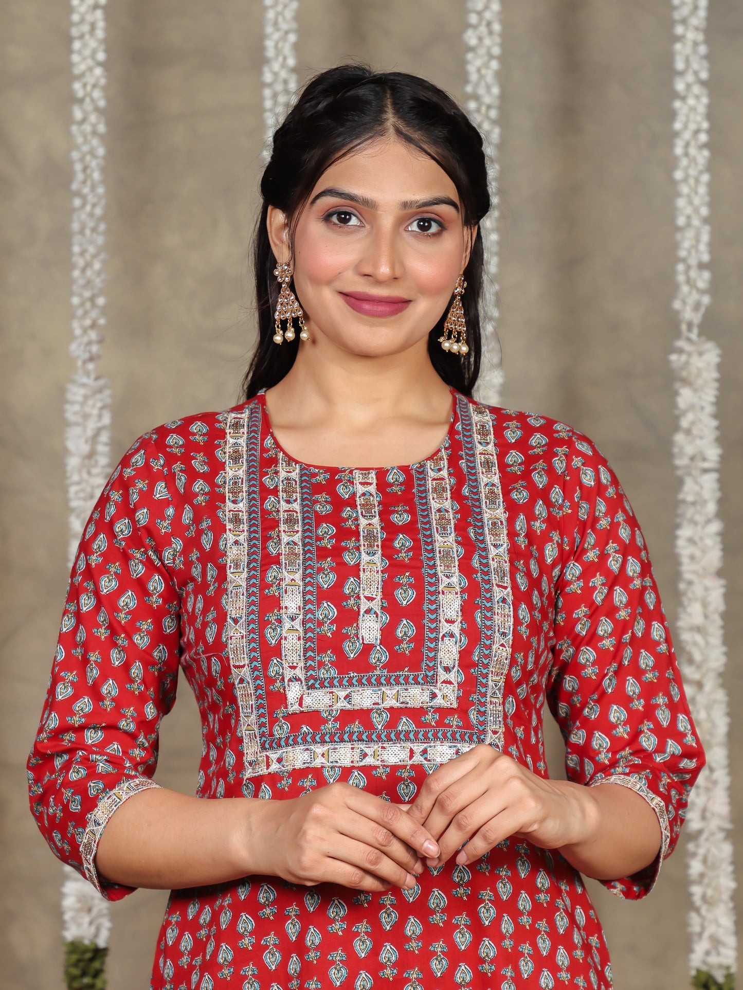 Embroidered Soft Cotton Floral Straight Red Kurta