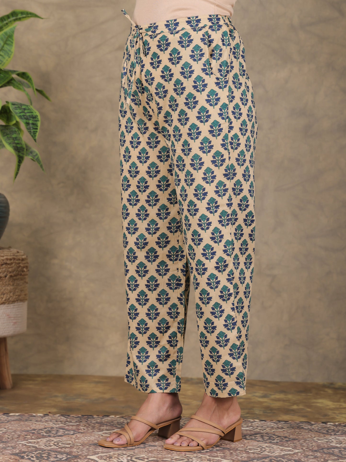 Soft Cotton Foliage Straight Beige Kurta