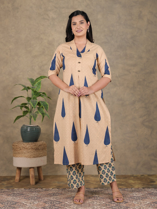 Soft Cotton Foliage Straight Beige Kurta