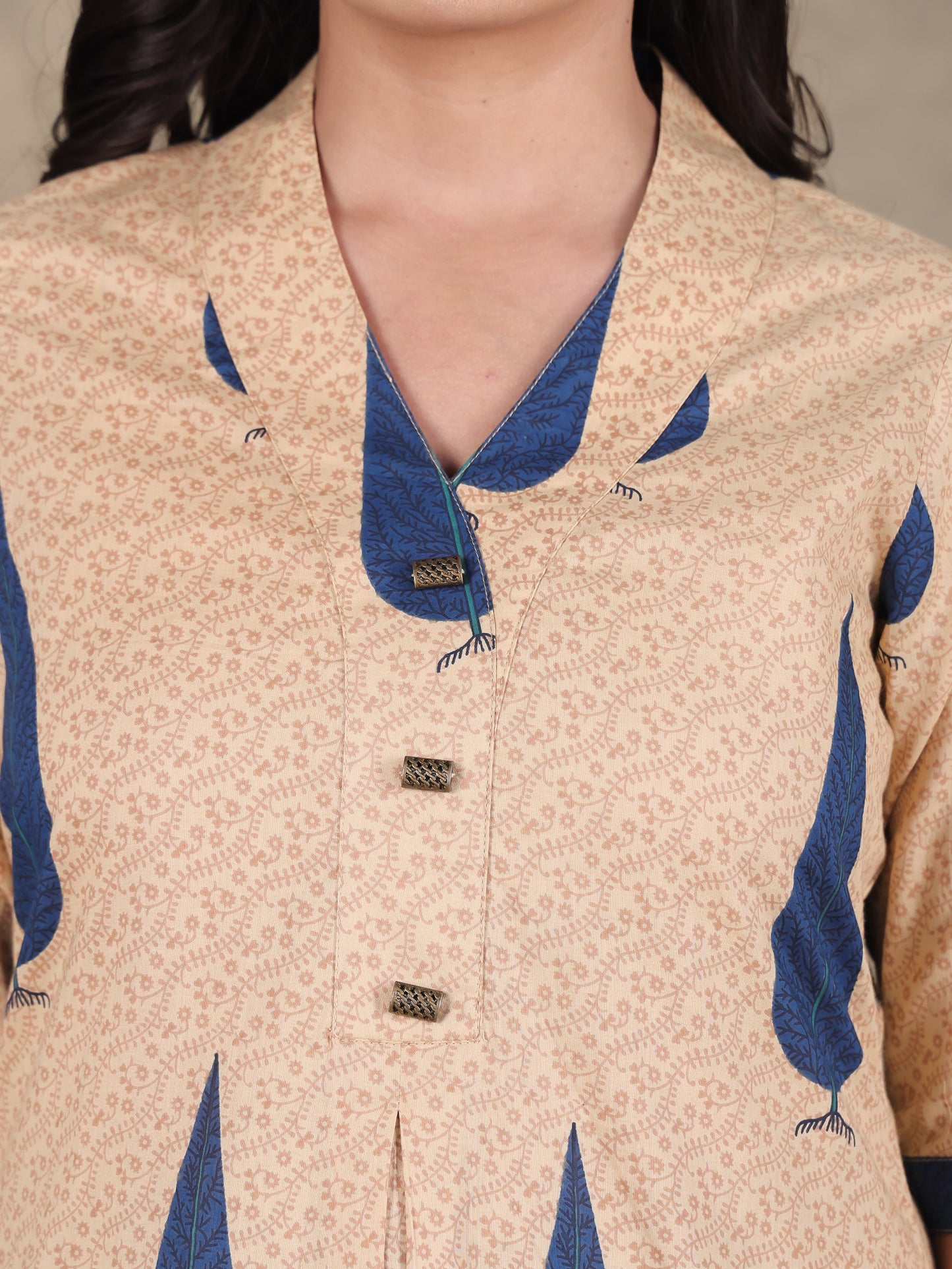 Soft Cotton Foliage Straight Beige Kurta