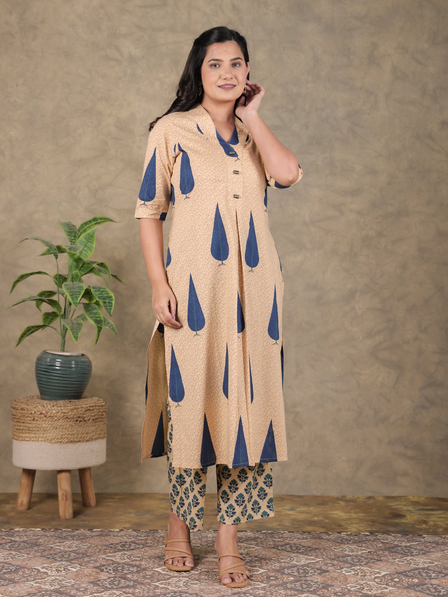 Soft Cotton Foliage Straight Beige Kurta