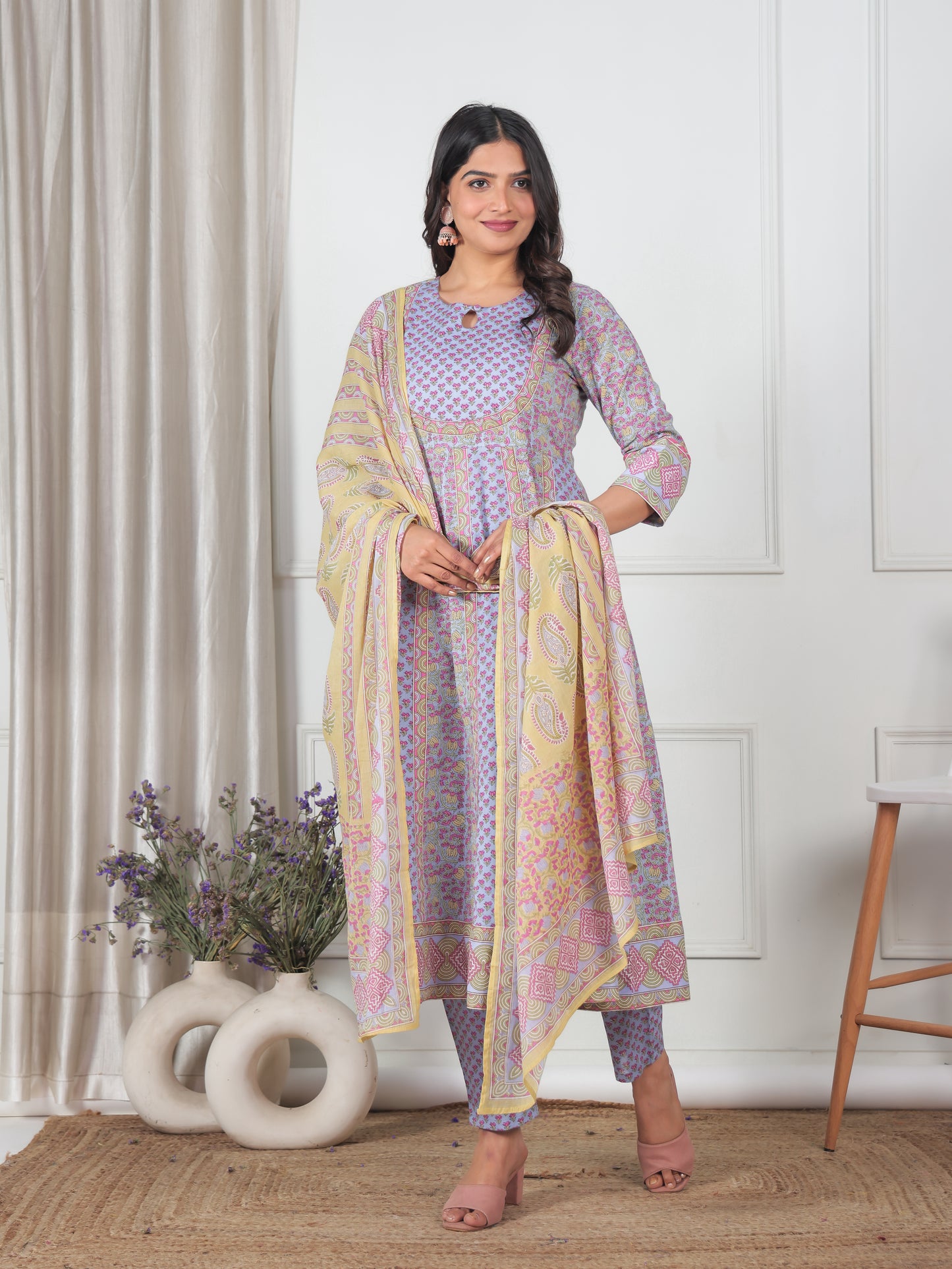 Soft Cotton Geometric Anarkali Violet Kurta