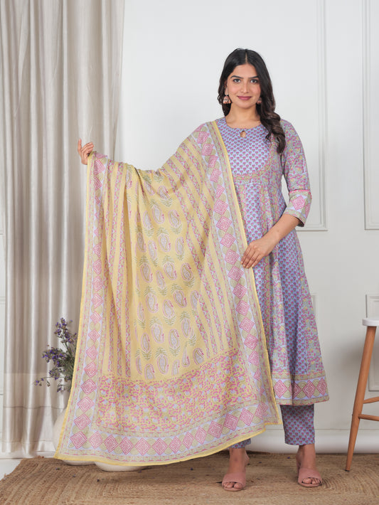 Soft Cotton Geometric Anarkali Violet Kurta