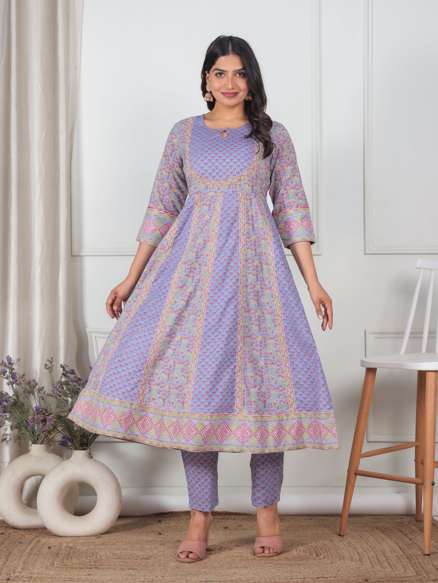 Soft Cotton Geometric Anarkali Violet Kurta