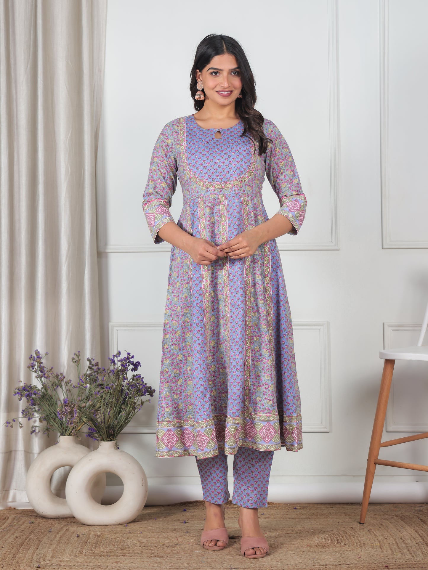 Soft Cotton Geometric Anarkali Violet Kurta