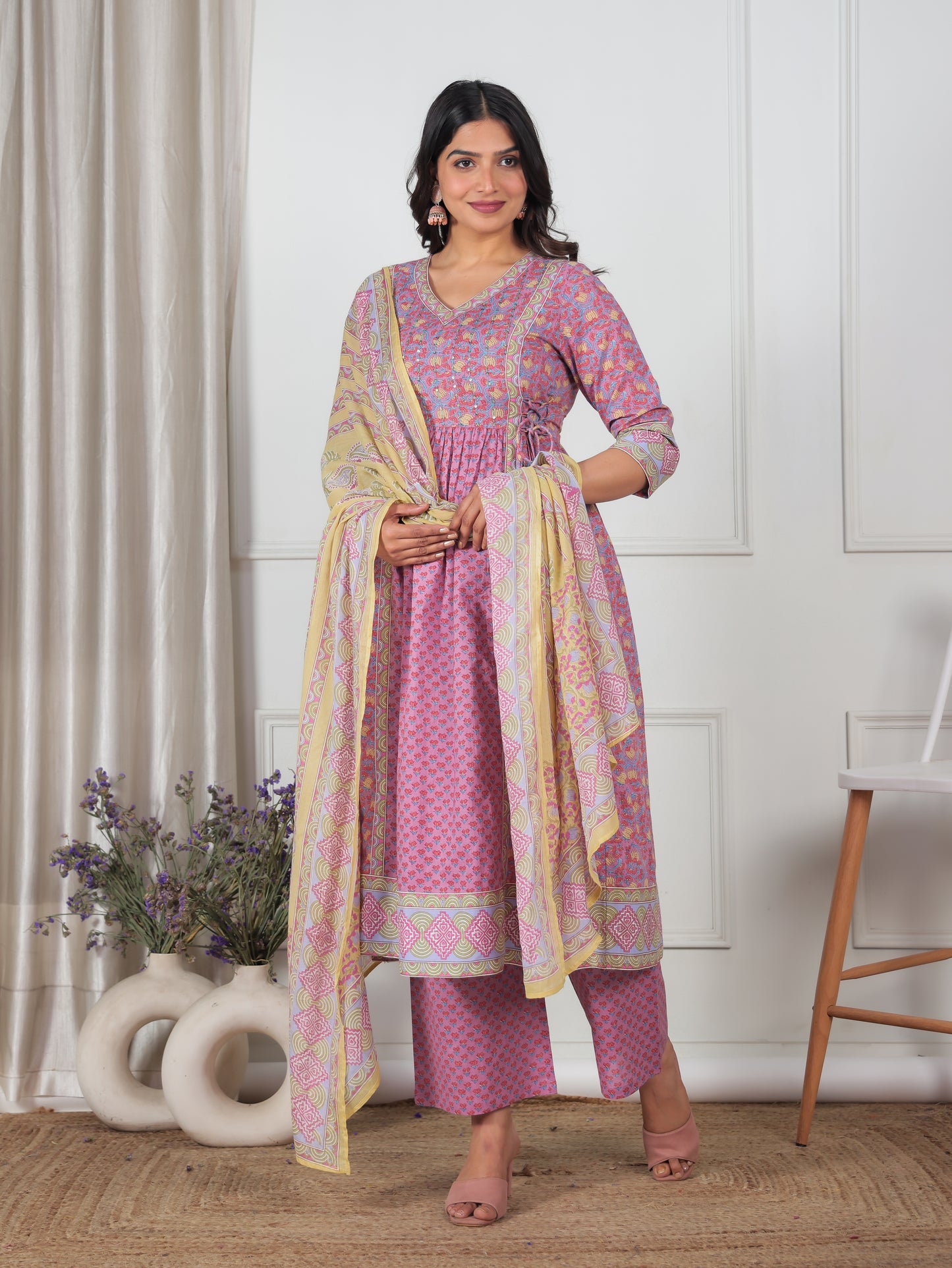Soft Cotton Geometric Kalidar Pink Kurta
