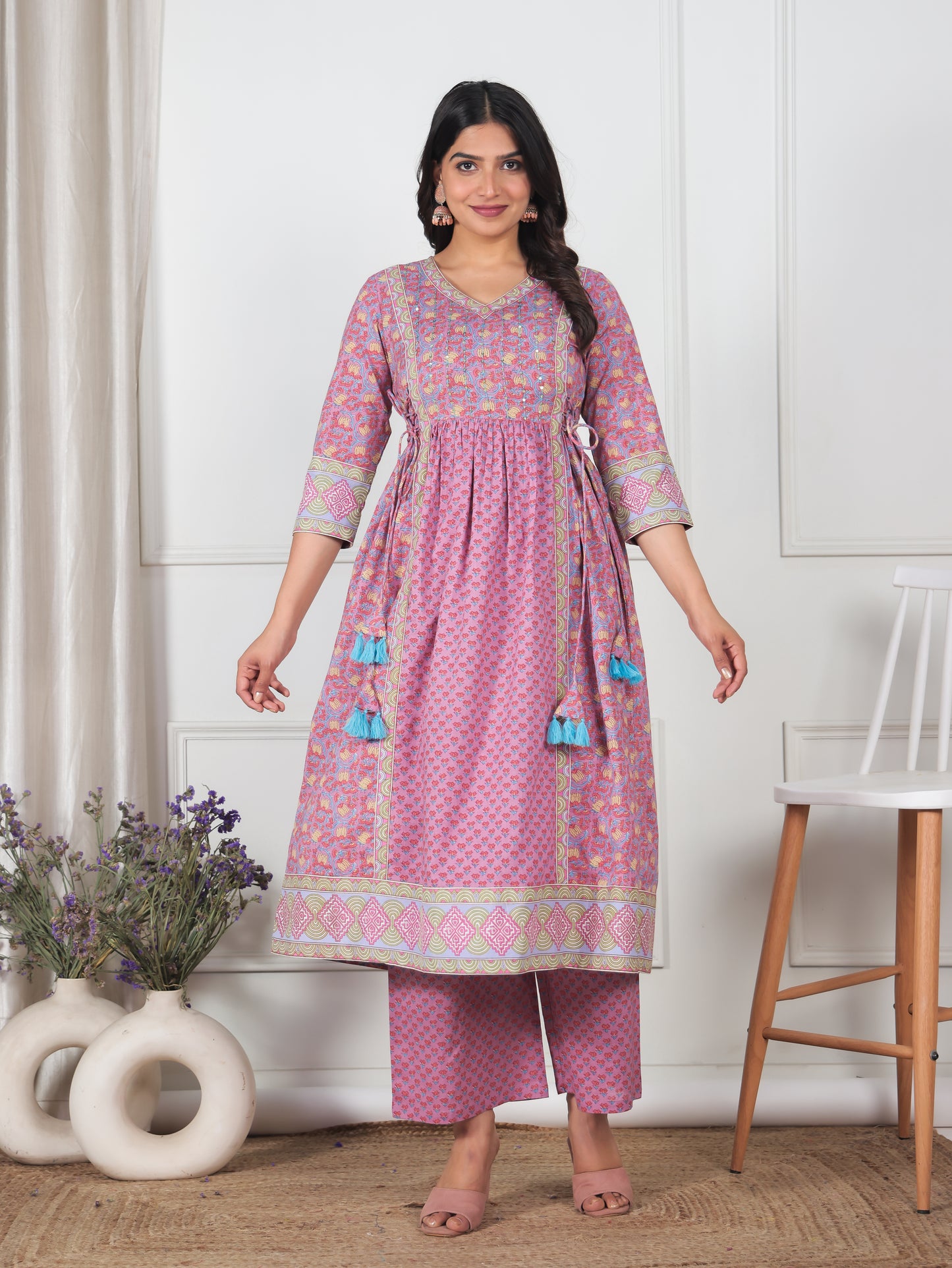 Soft Cotton Geometric Kalidar Pink Kurta