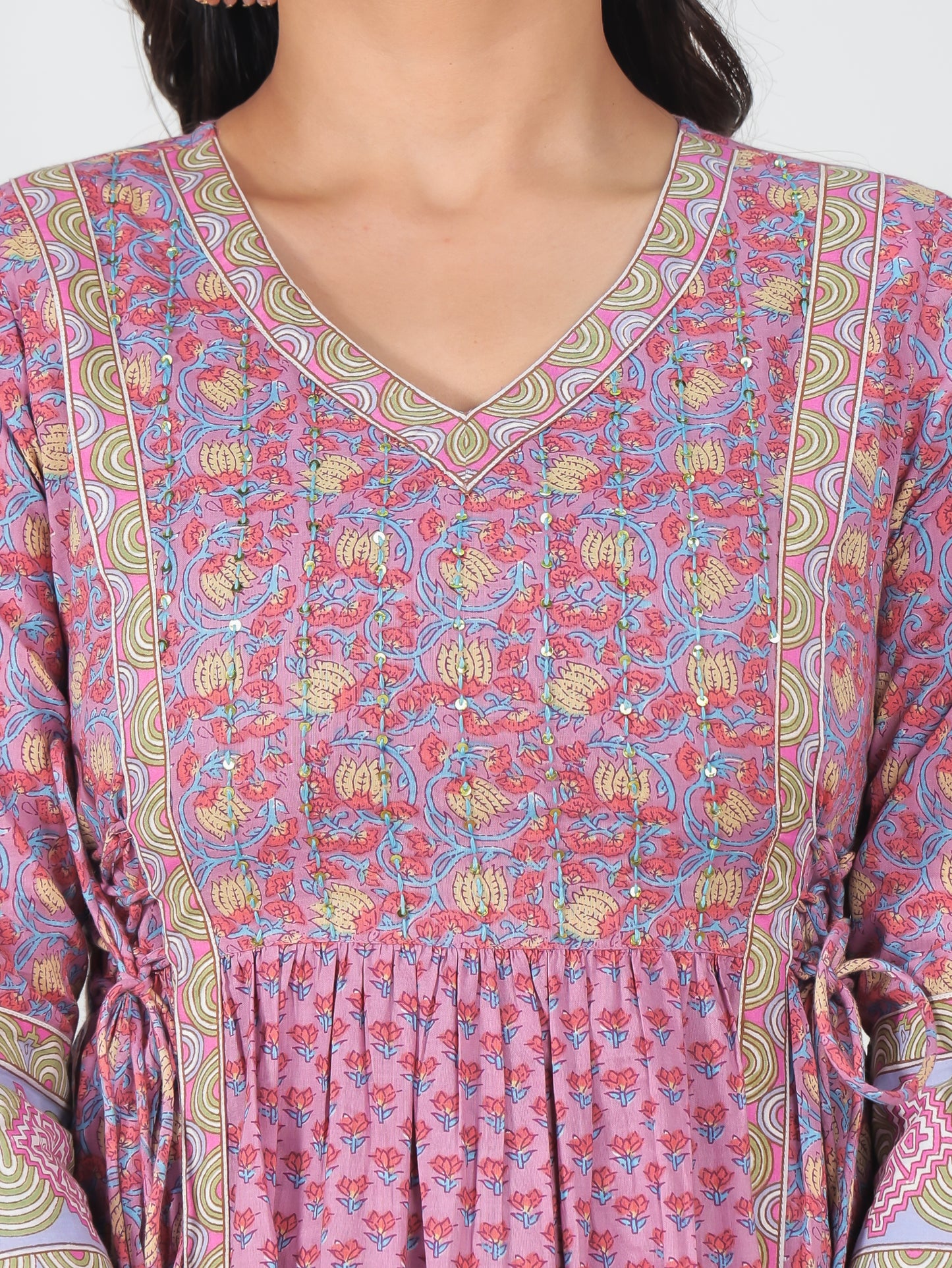 Soft Cotton Geometric Kalidar Pink Kurta
