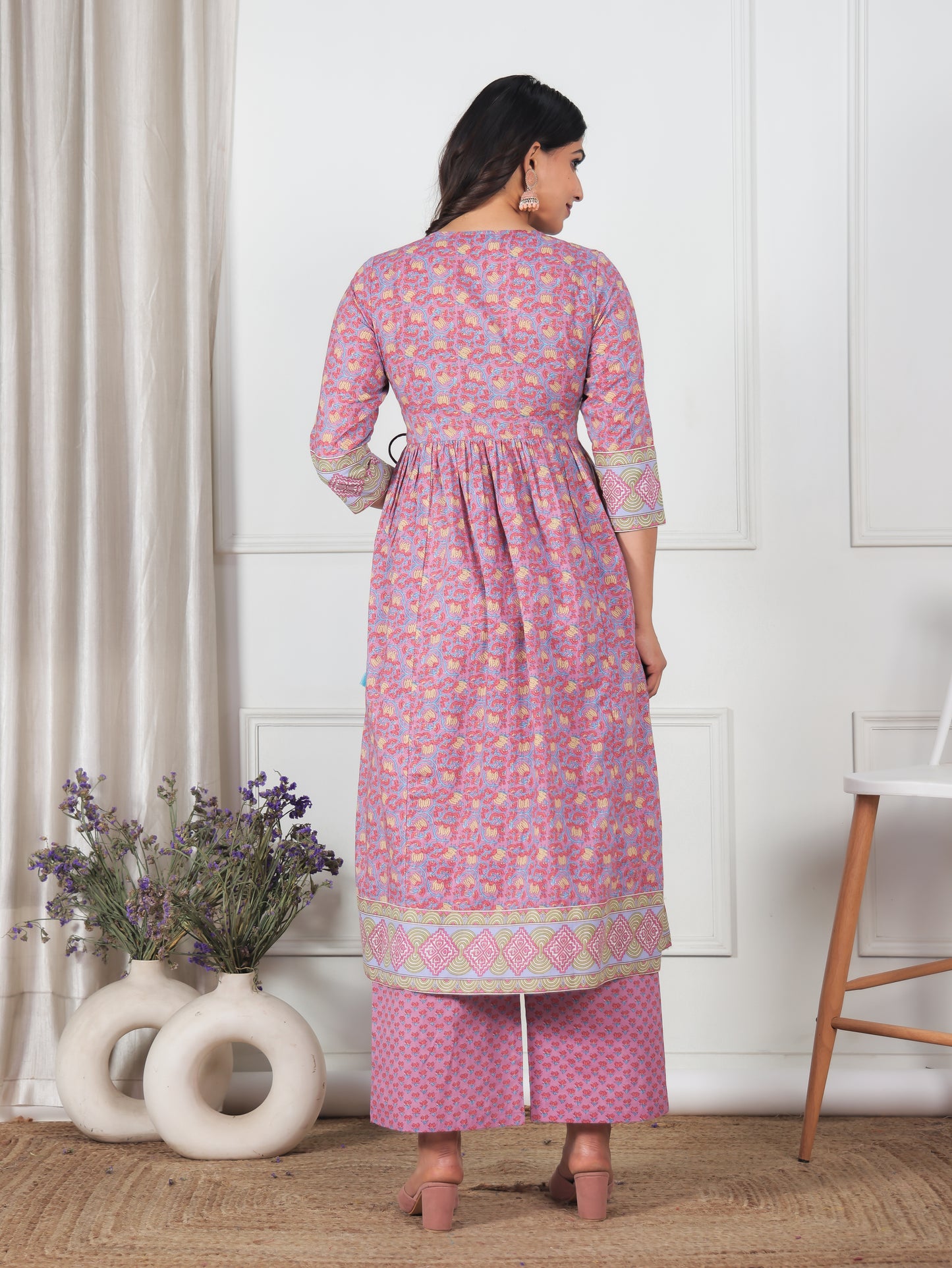 Soft Cotton Geometric Kalidar Pink Kurta