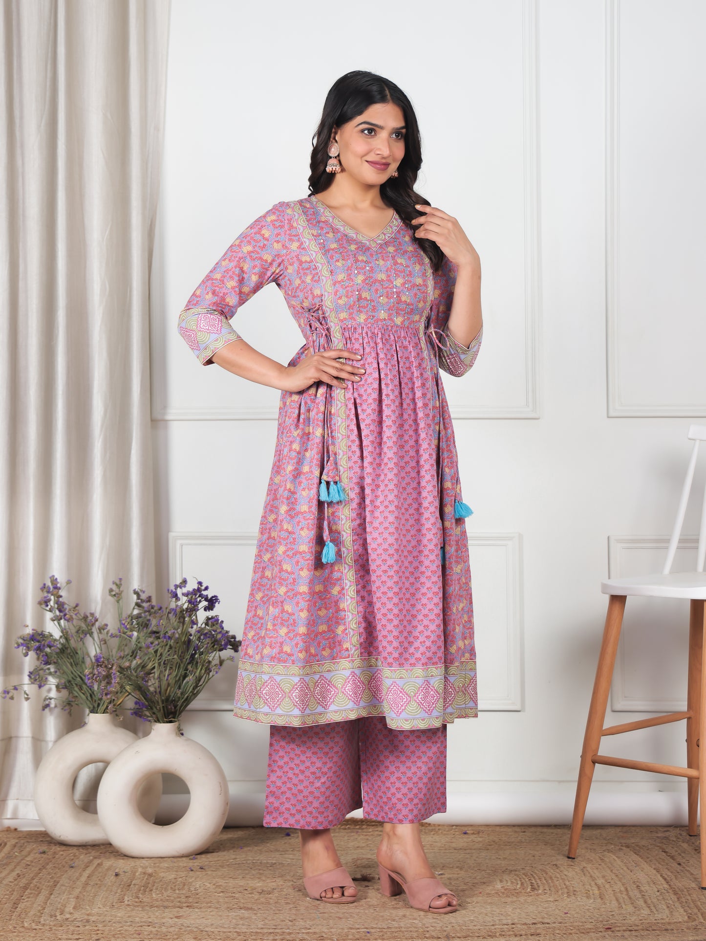 Soft Cotton Geometric Kalidar Pink Kurta