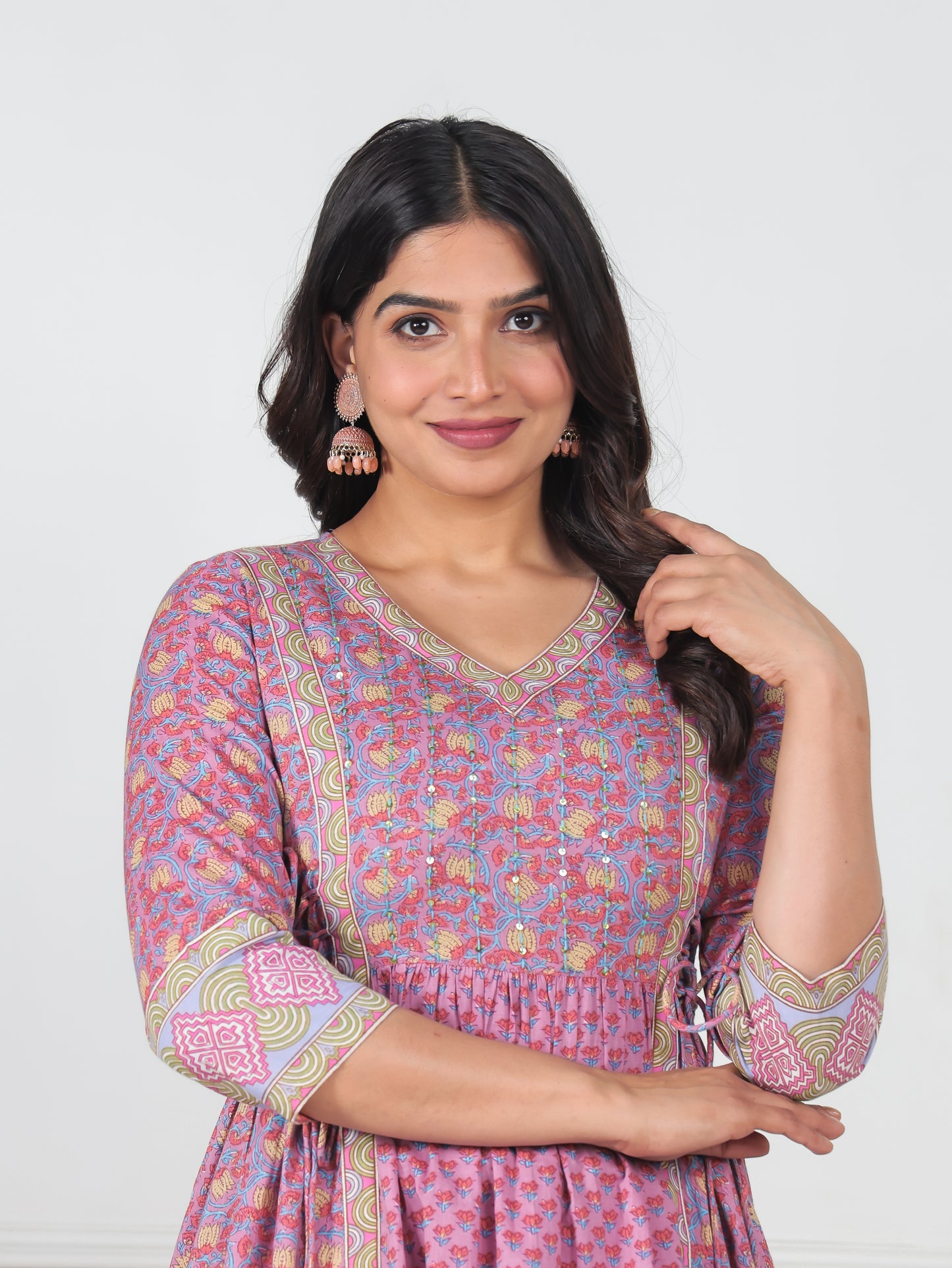 Soft Cotton Geometric Kalidar Pink Kurta