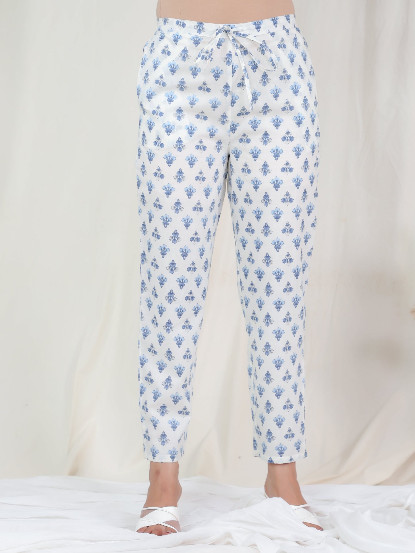 Soft Cotton Block Print Off White Tapered Trousers