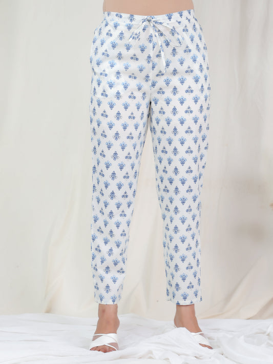 Soft Cotton Block Print Off White Tapered Trousers