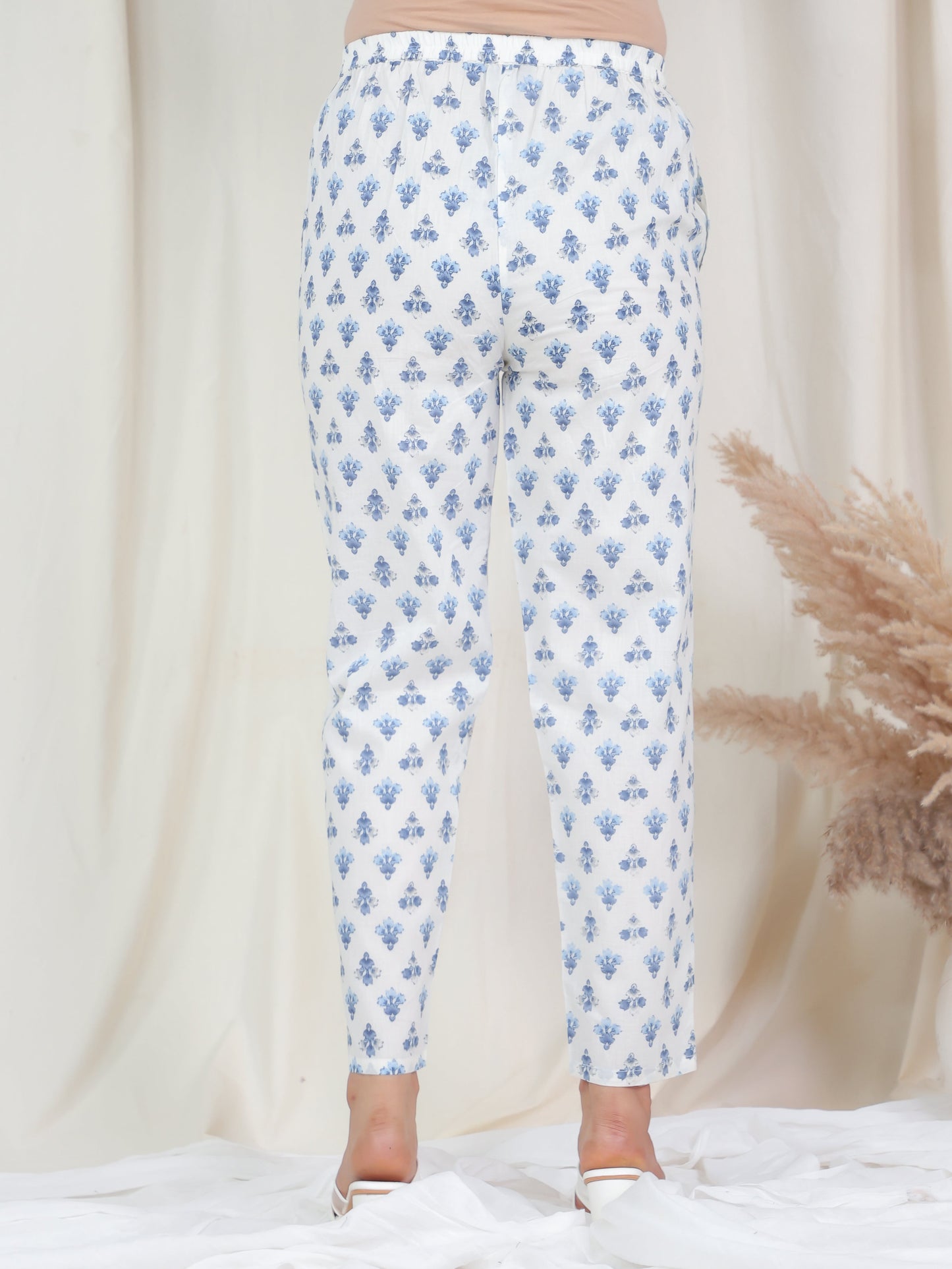 Soft Cotton Block Print Off White Tapered Trousers