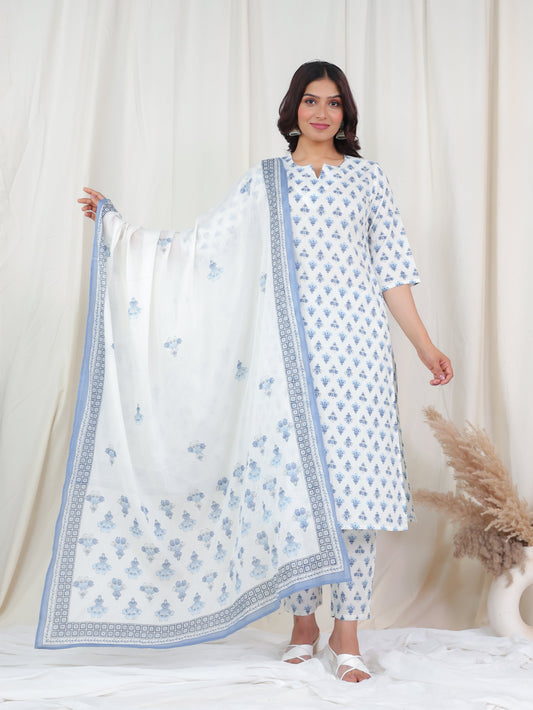 Cotton Voile Block Print Off White Dupatta