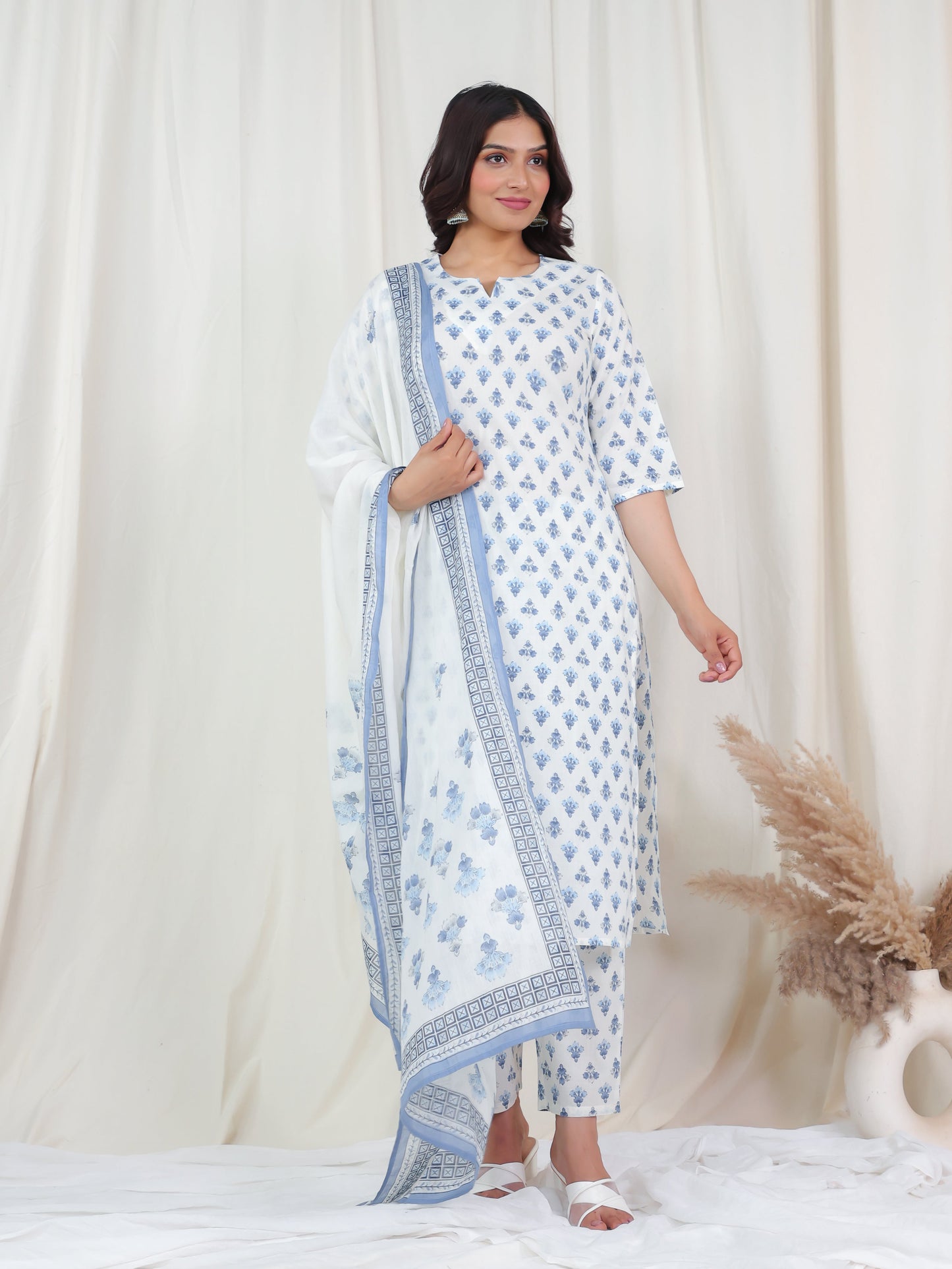 Cotton Voile Block Print Off White Dupatta