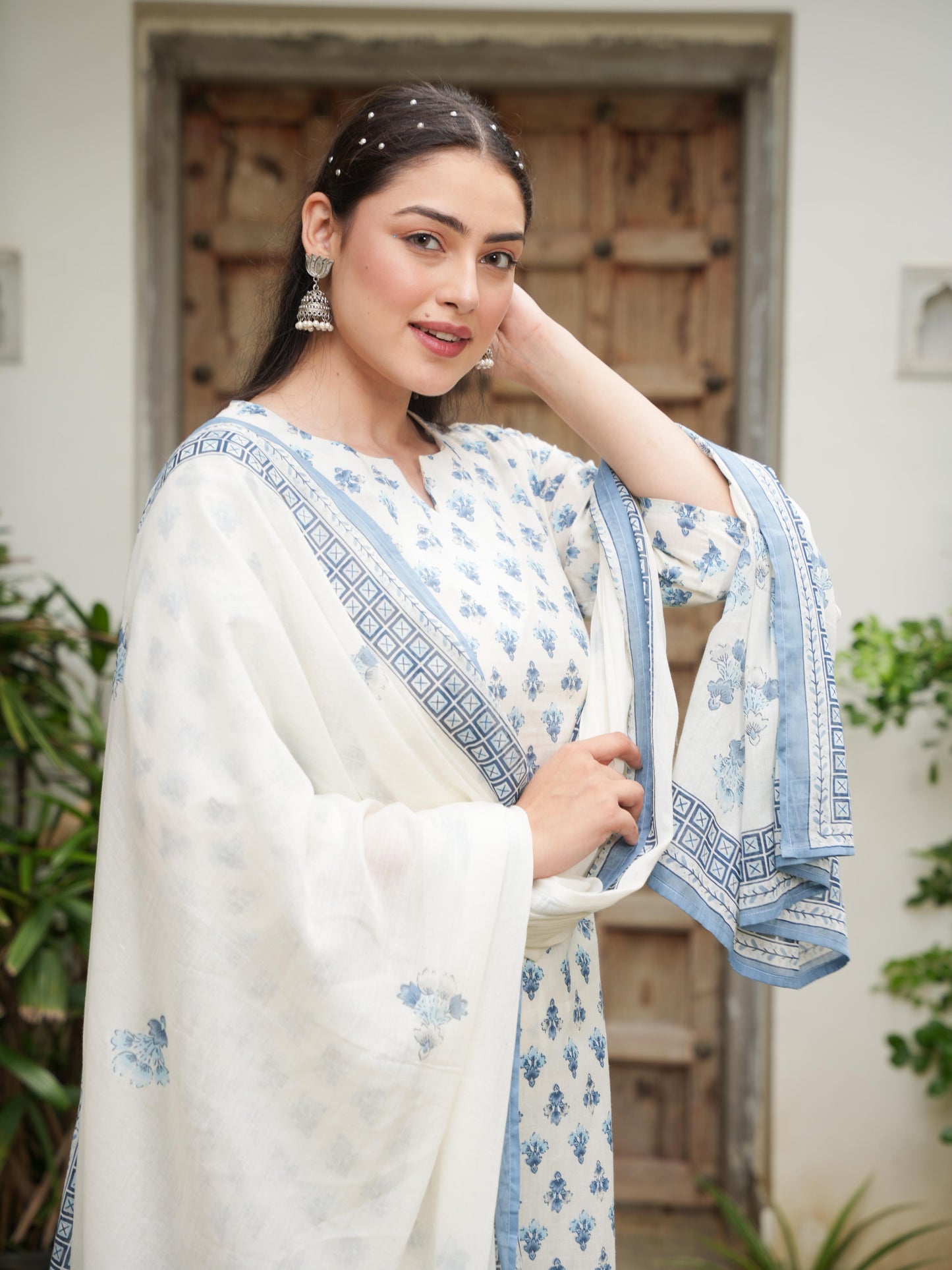 Cotton Voile Block Print Off White Dupatta