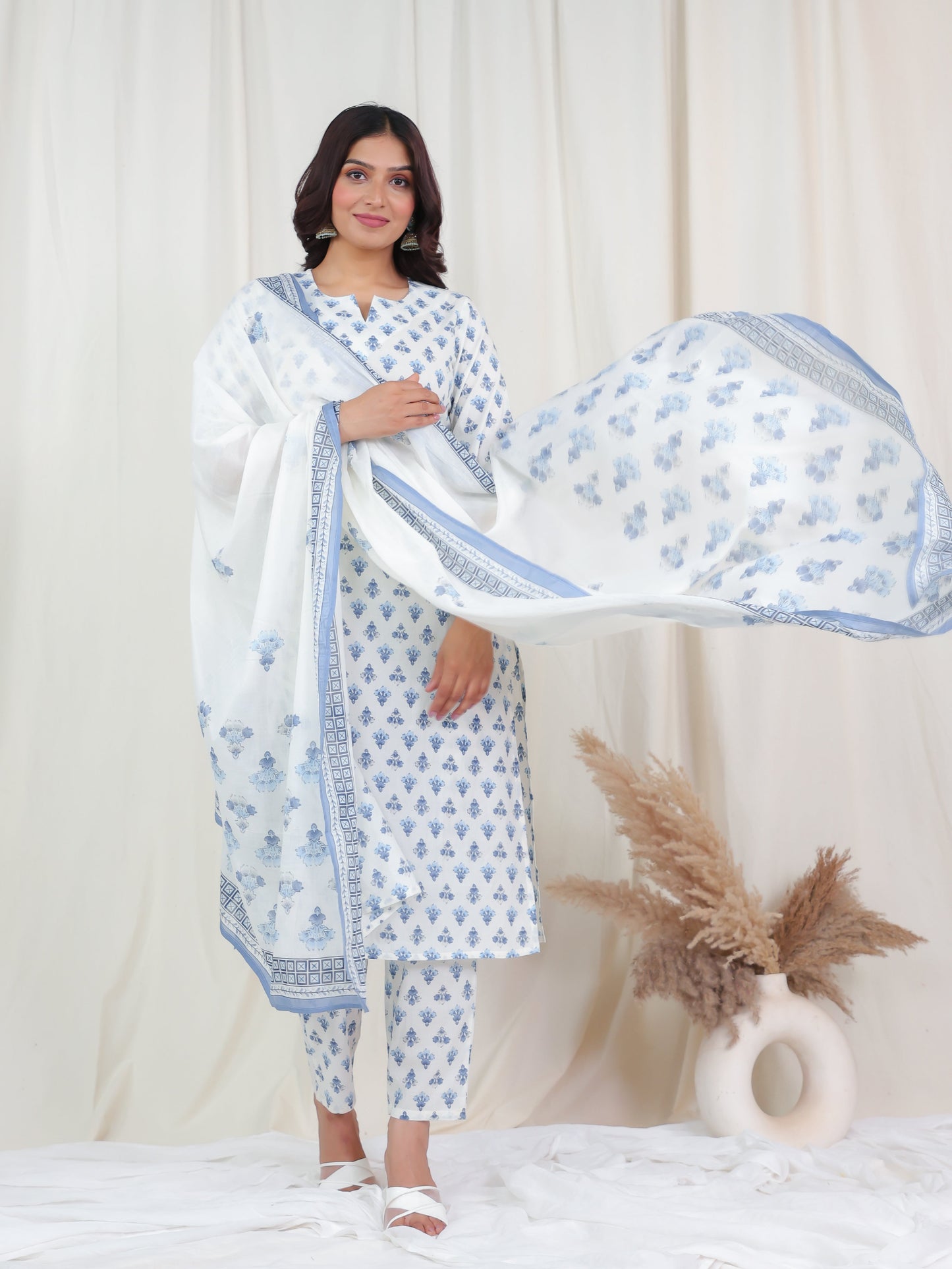 Cotton Voile Block Print Off White Dupatta