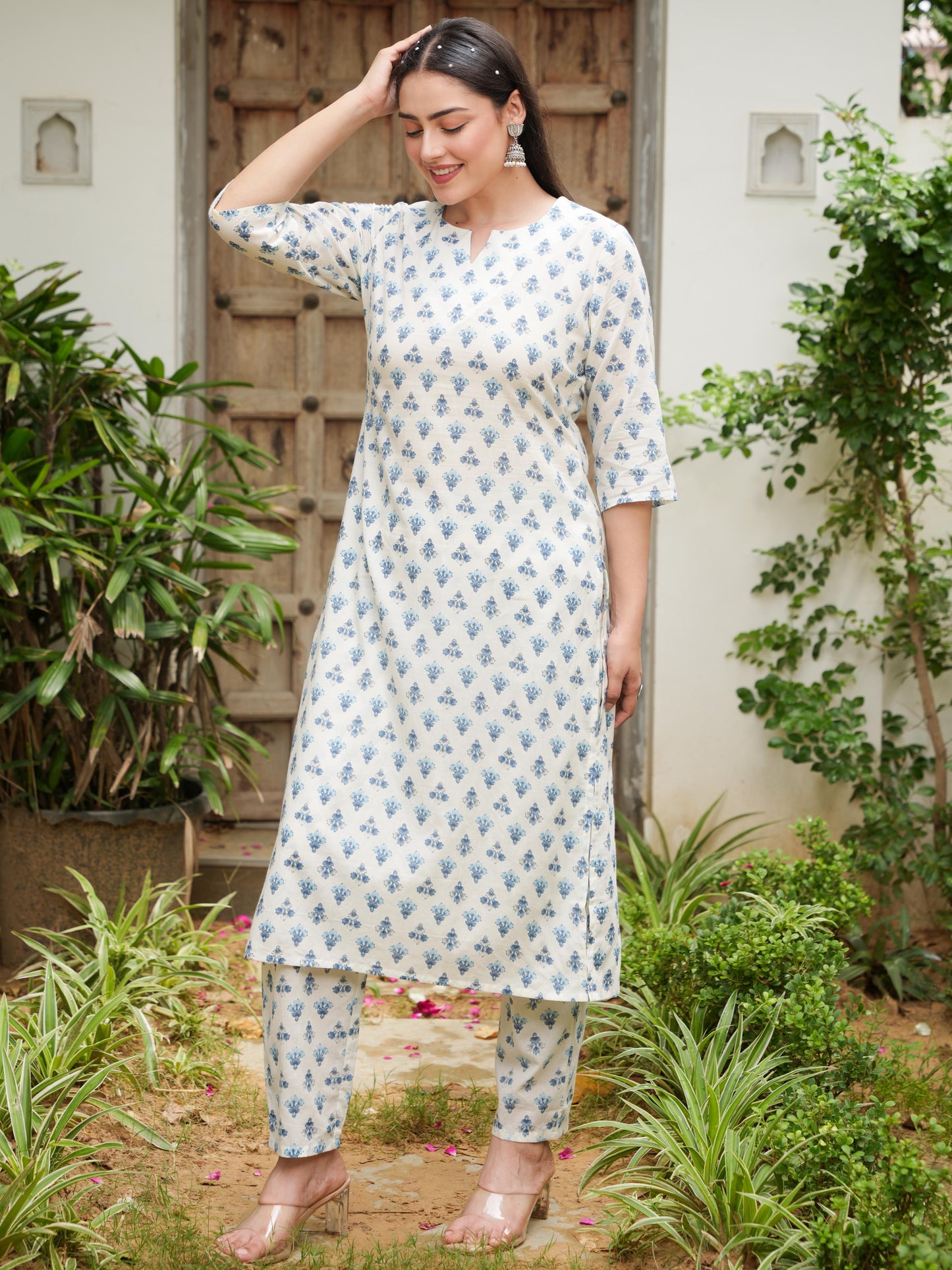 Soft Cotton Block Print Straight Off White Kurta