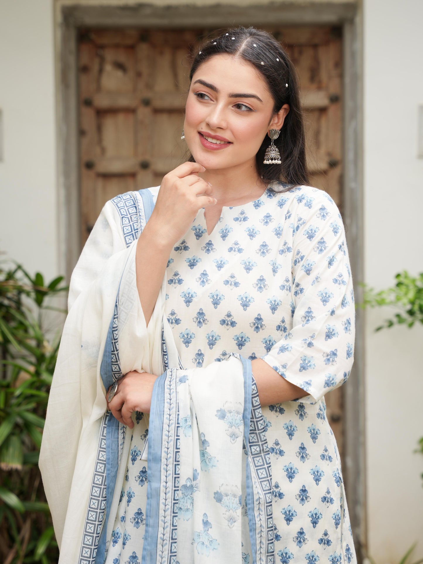 Soft Cotton Block Print Straight Off White Kurta