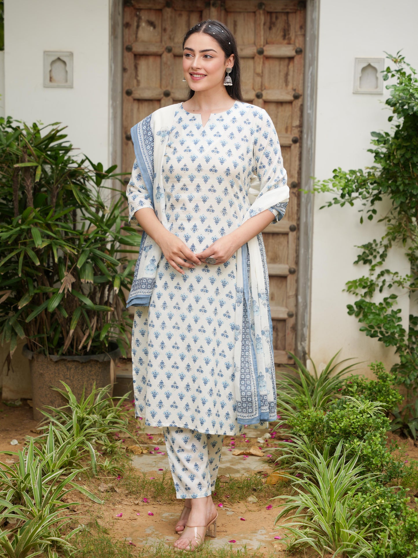 Soft Cotton Block Print Straight Off White Kurta