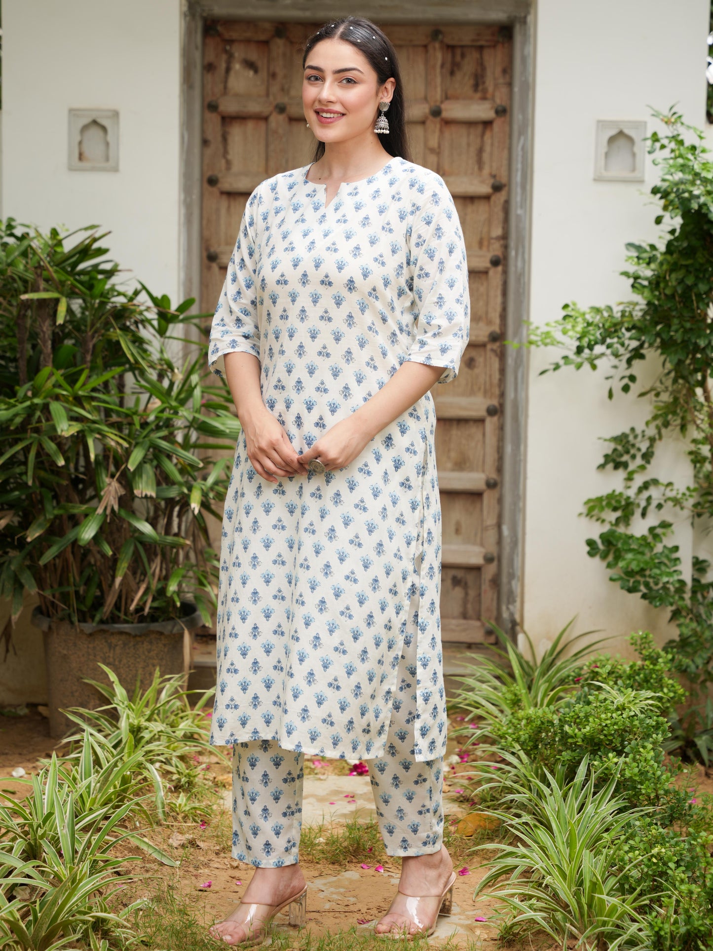 Soft Cotton Block Print Straight Off White Kurta
