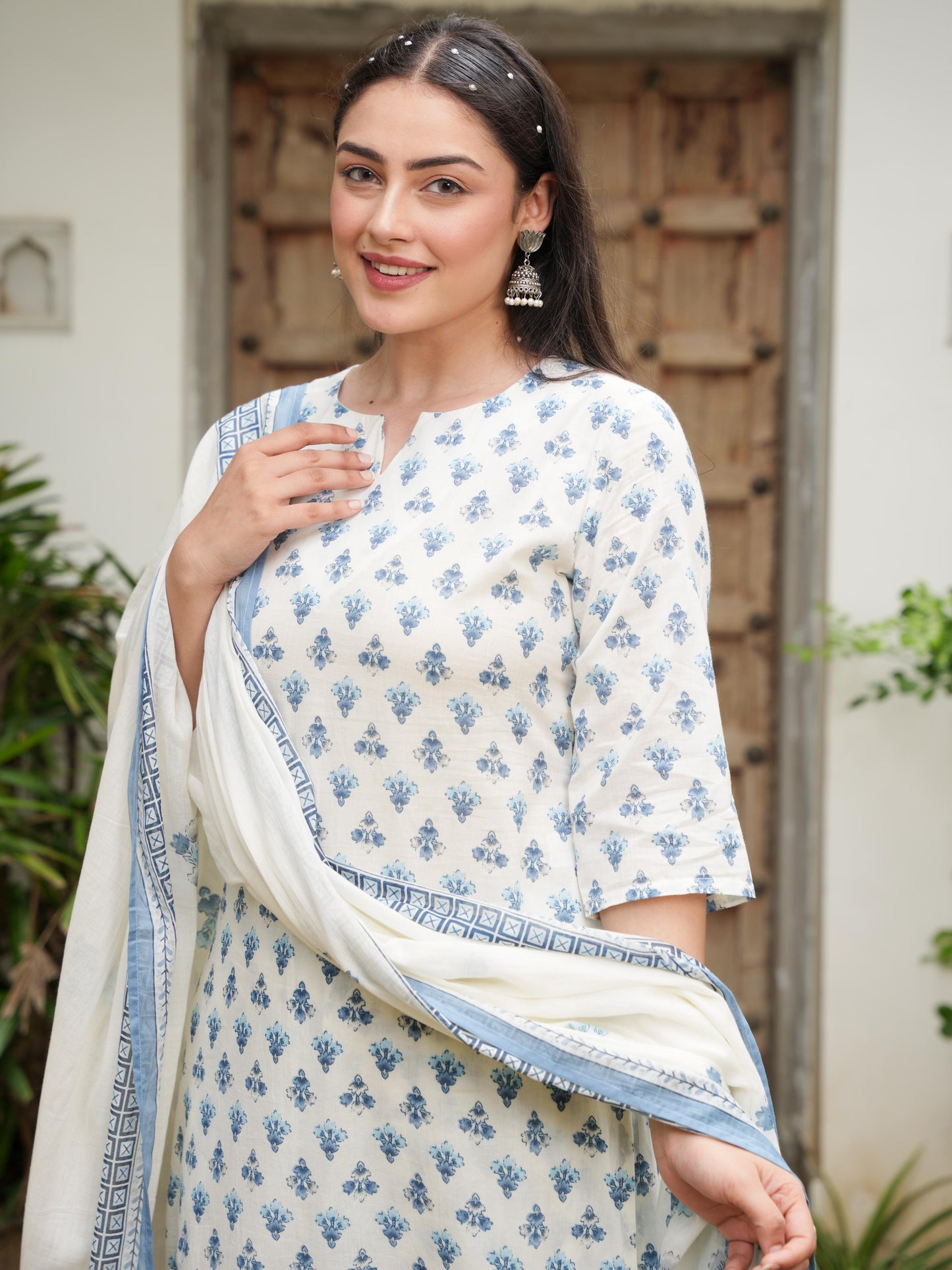 Soft Cotton Block Print Straight Off White Kurta