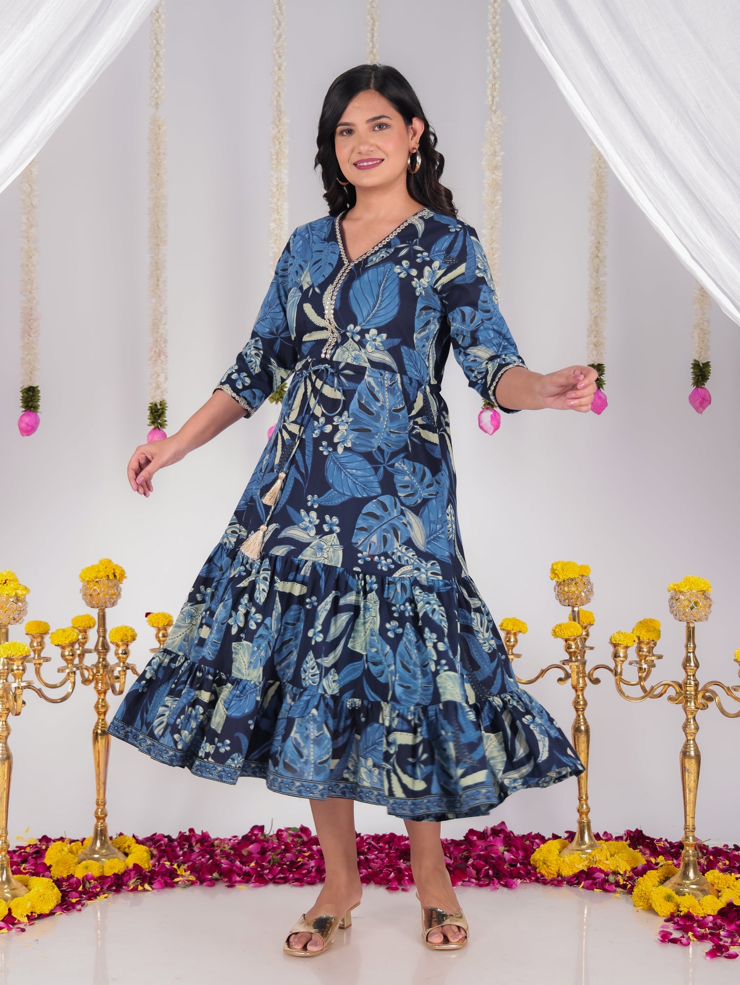 Embroidered Soft Cotton Foliage A-line Blue Dress