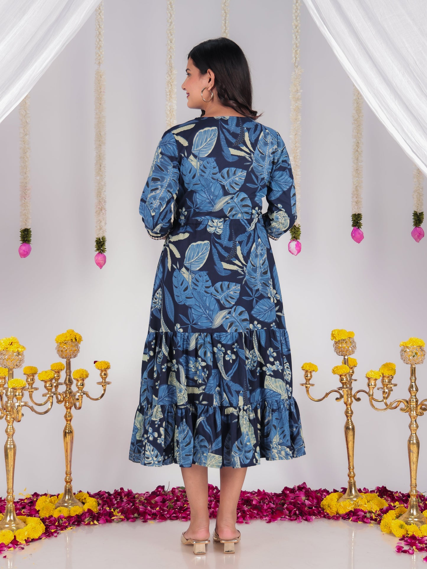 Embroidered Soft Cotton Foliage A-line Blue Dress