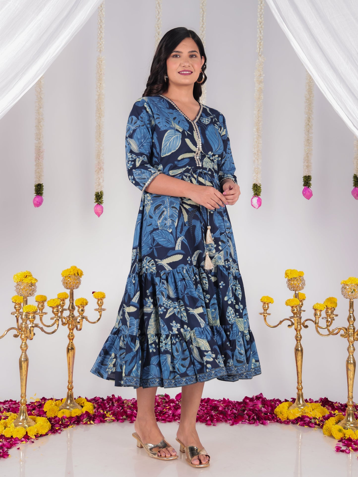 Embroidered Soft Cotton Foliage A-line Blue Dress