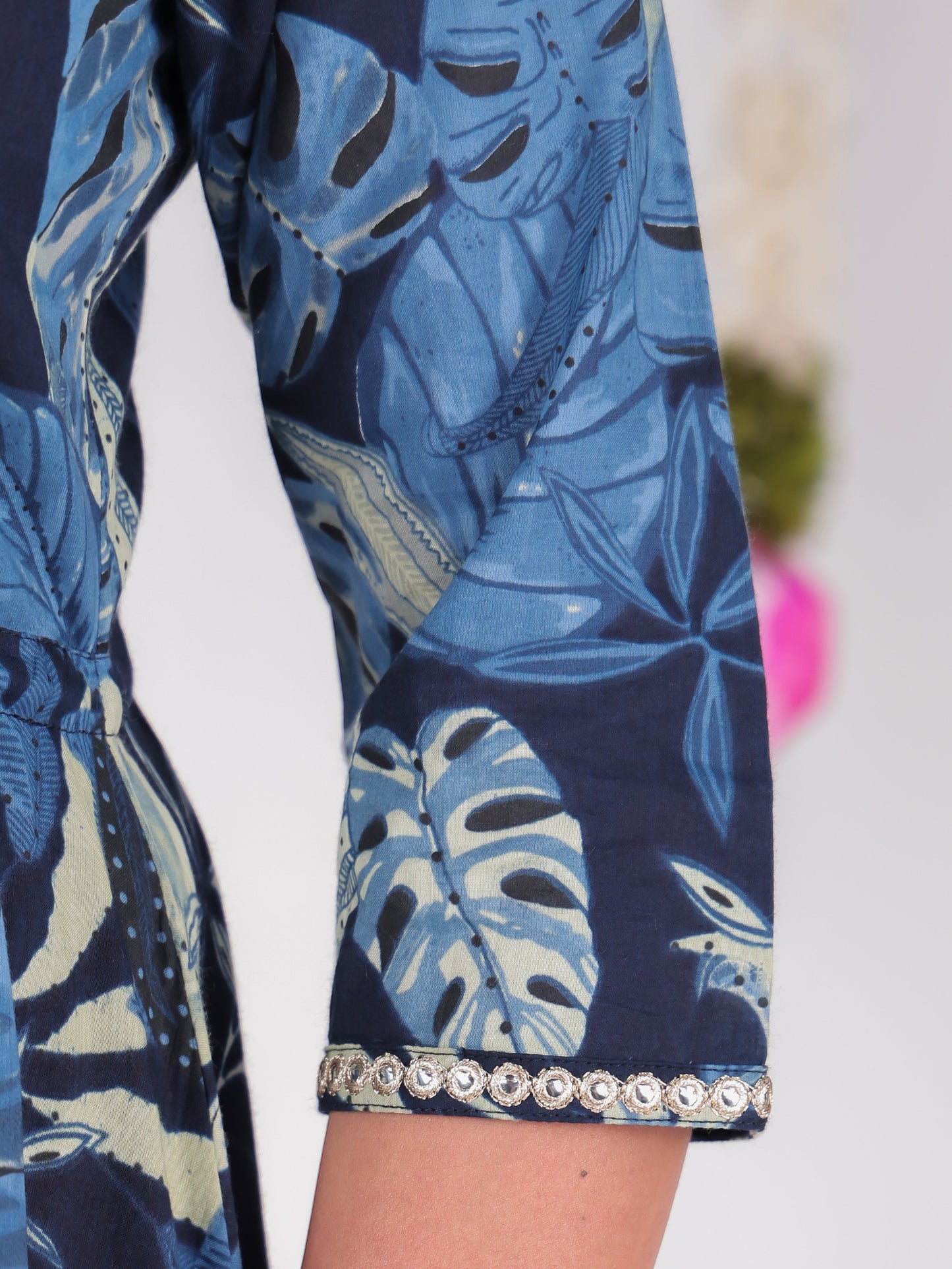 Embroidered Soft Cotton Foliage A-line Blue Dress