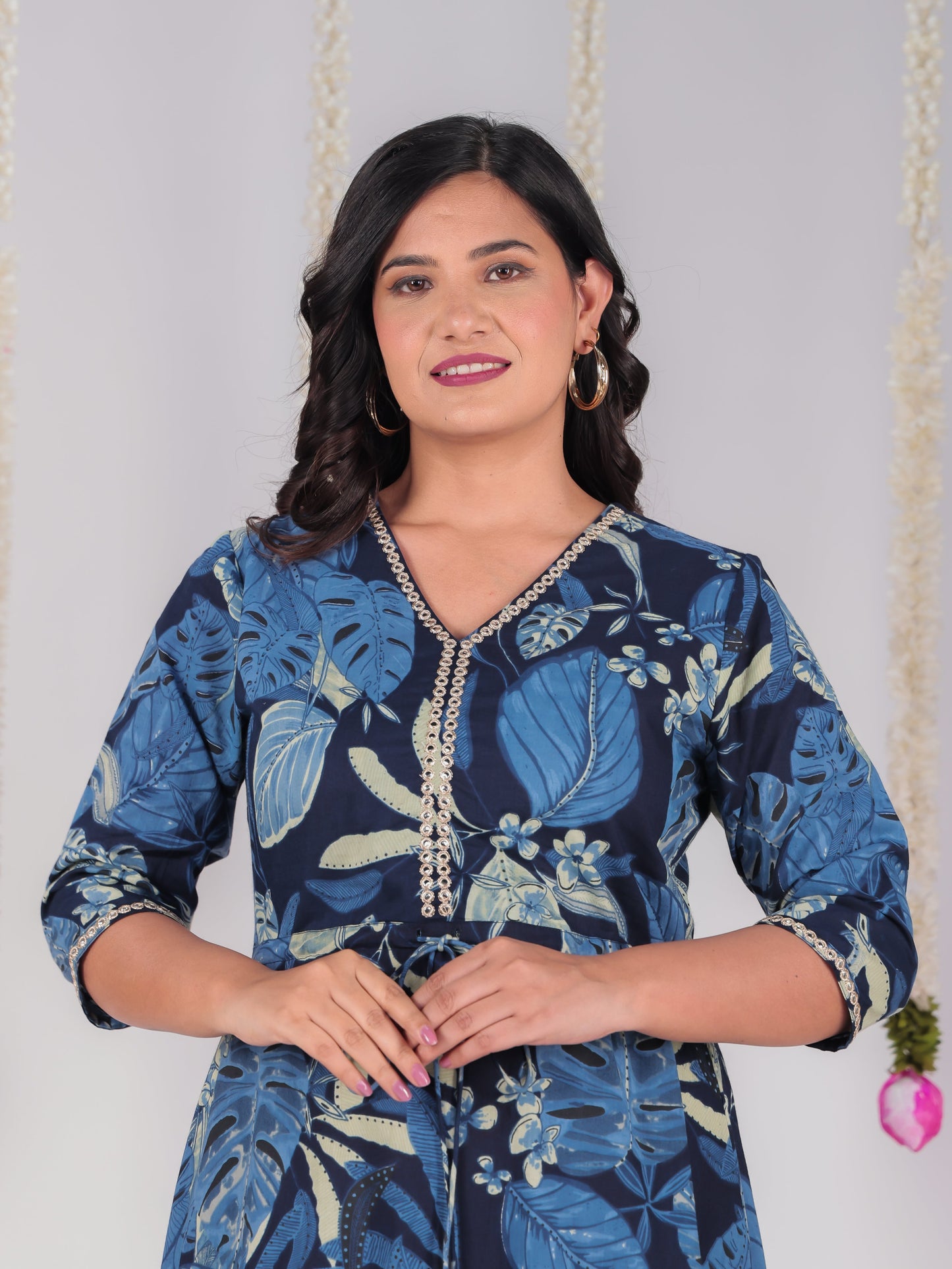 Embroidered Soft Cotton Foliage A-line Blue Dress