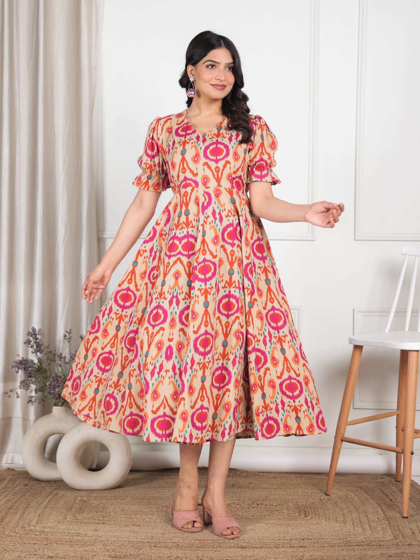 Linen Cotton Ikat Flared Beige Dress