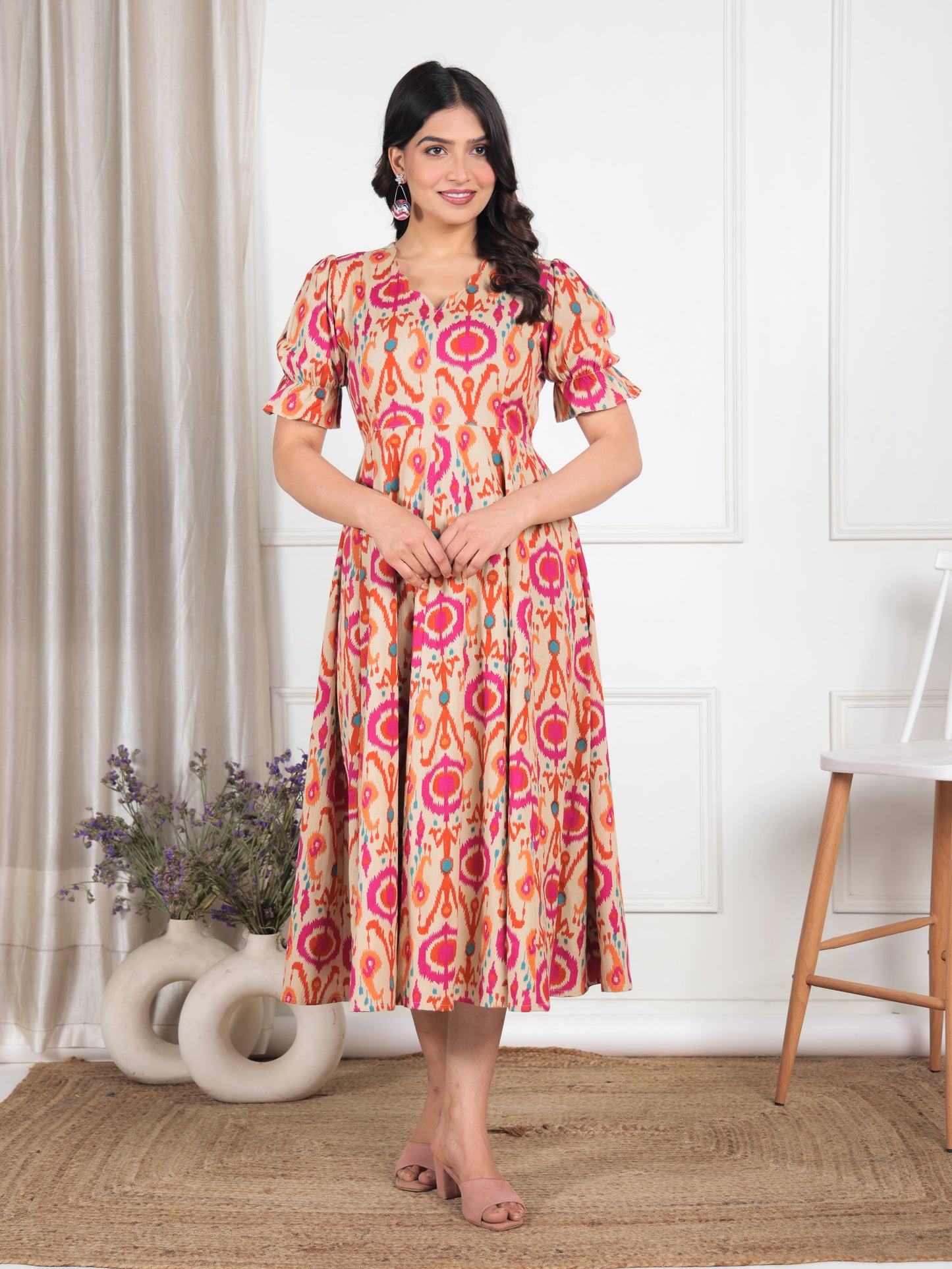 Linen Cotton Ikat Flared Beige Dress