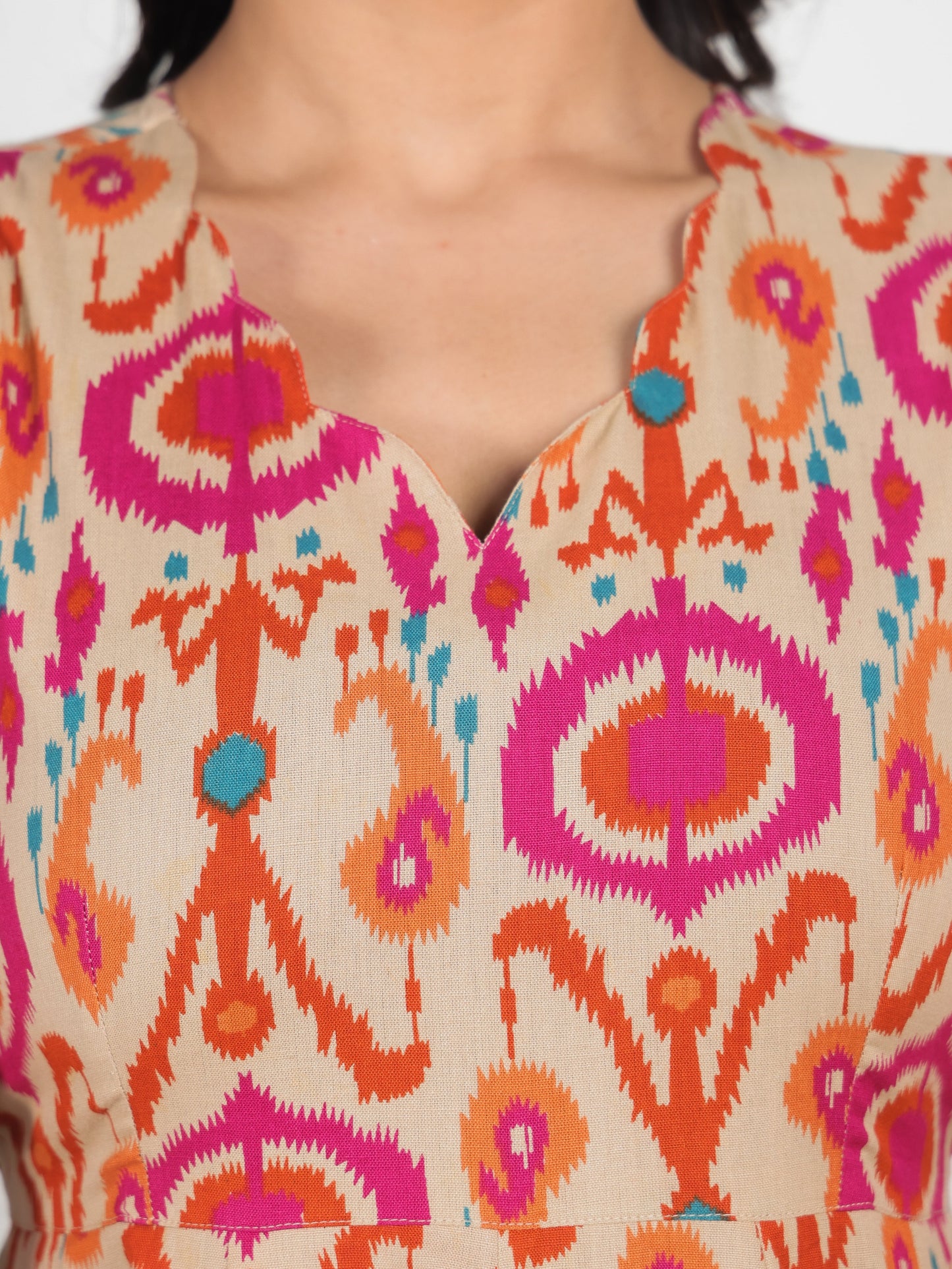 Linen Cotton Ikat Flared Beige Dress