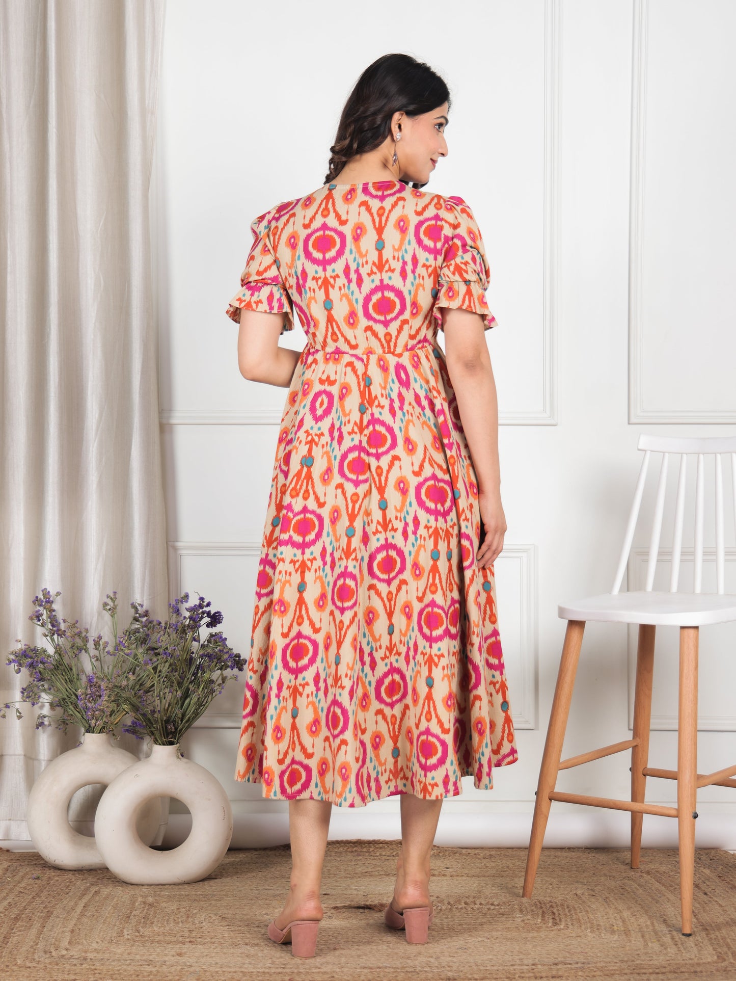 Linen Cotton Ikat Flared Beige Dress
