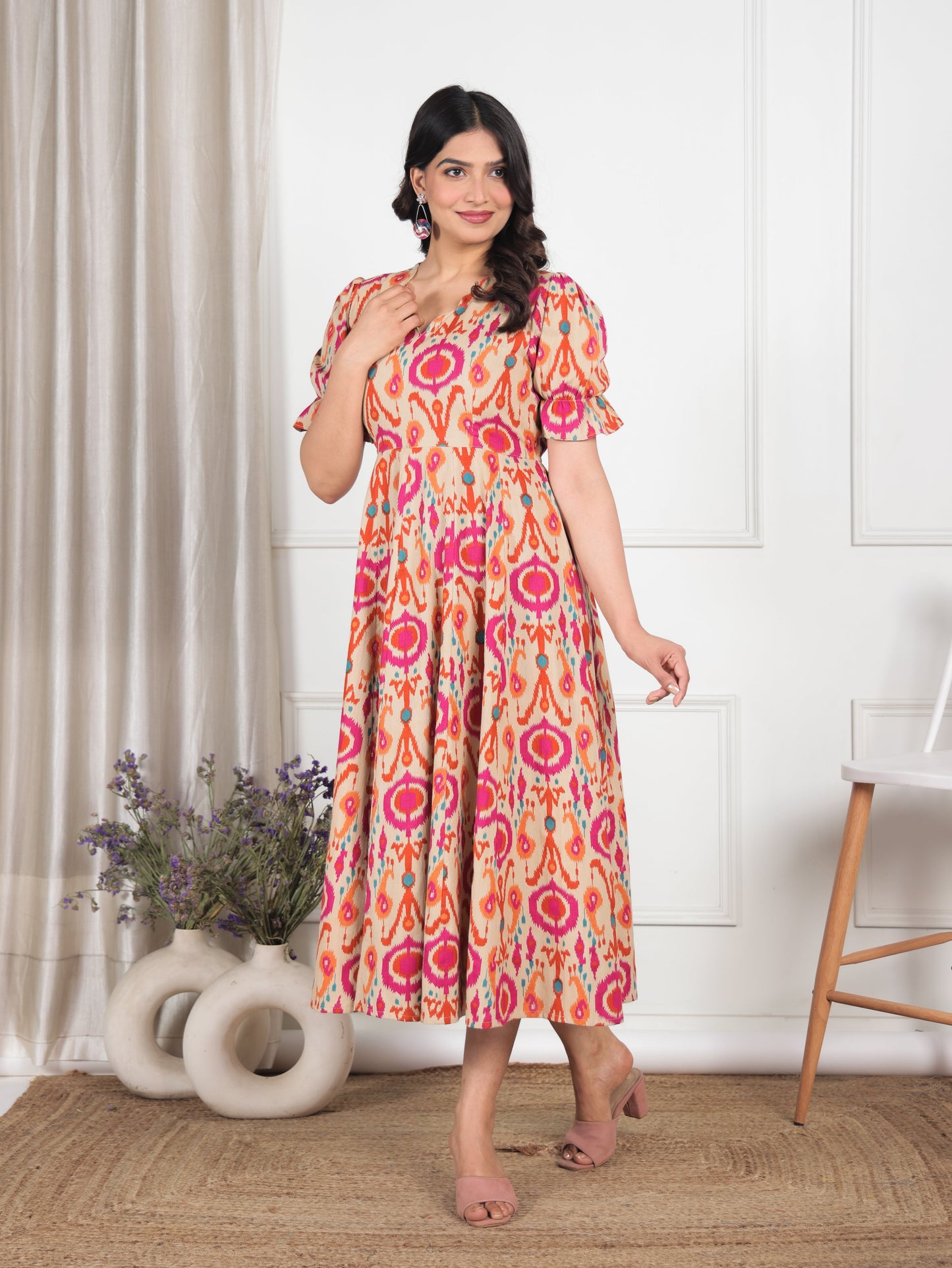 Linen Cotton Ikat Flared Beige Dress