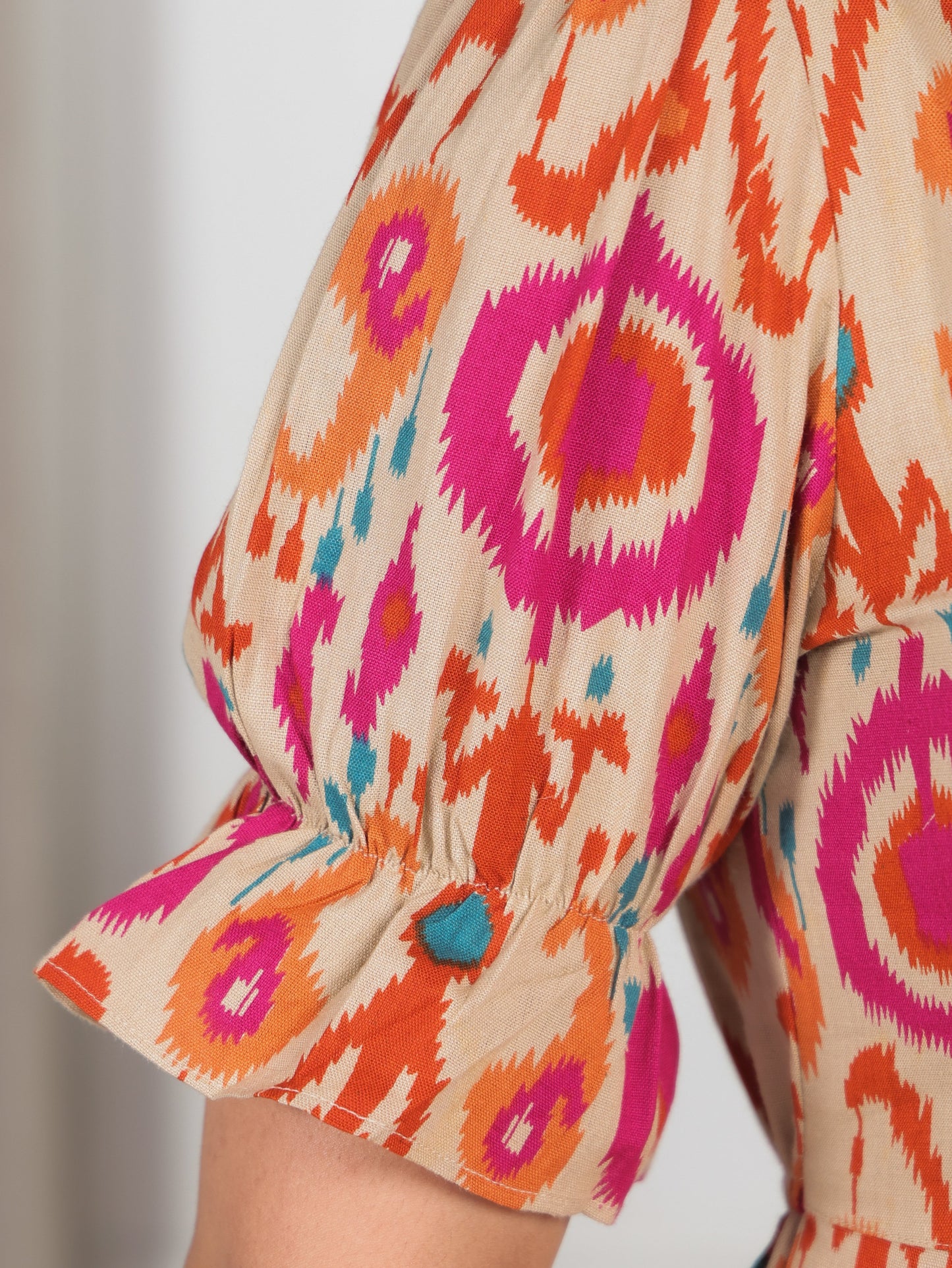 Linen Cotton Ikat Flared Beige Dress