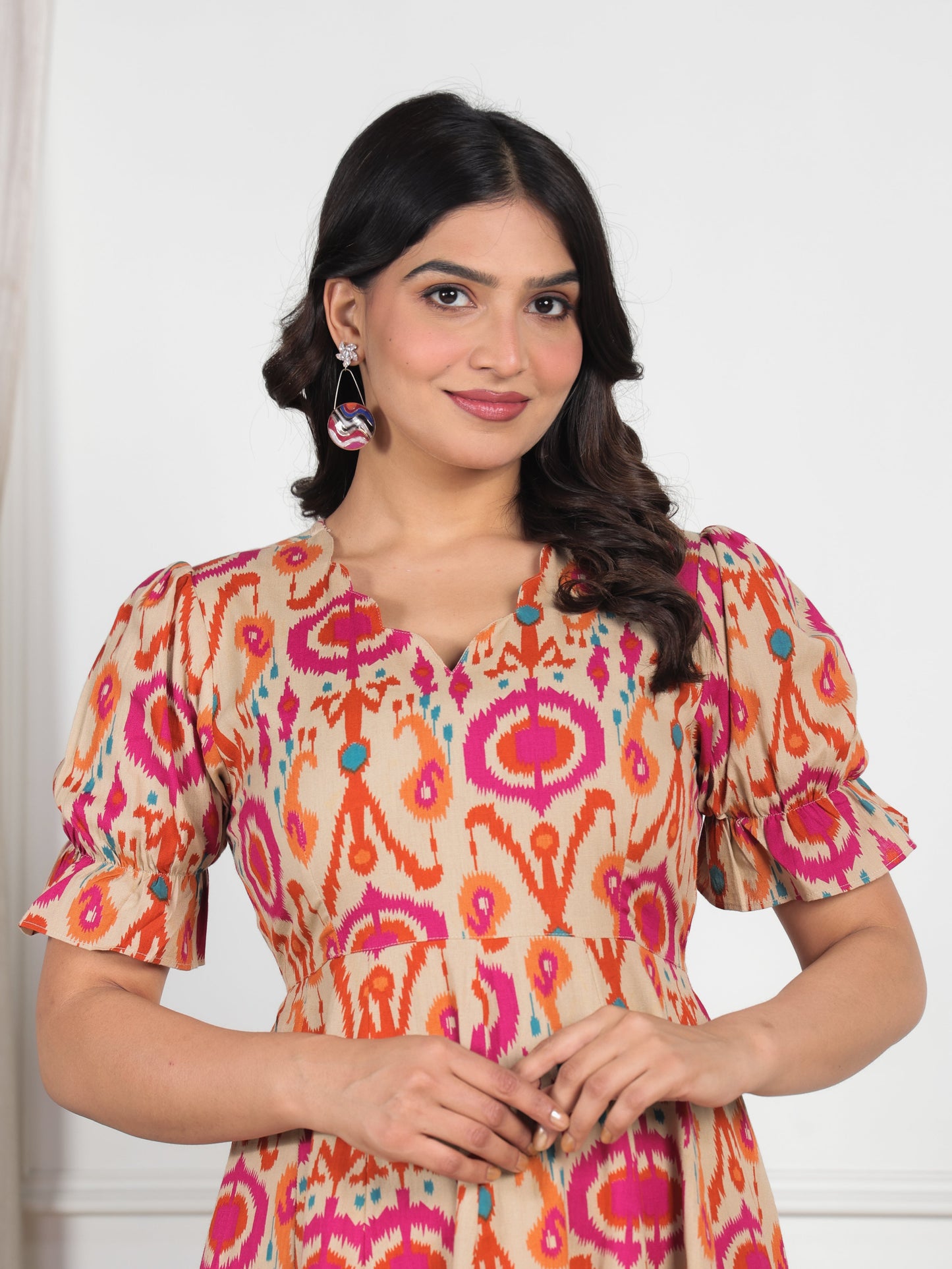 Linen Cotton Ikat Flared Beige Dress