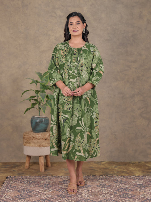 Soft Cotton Floral A-line Green Dress