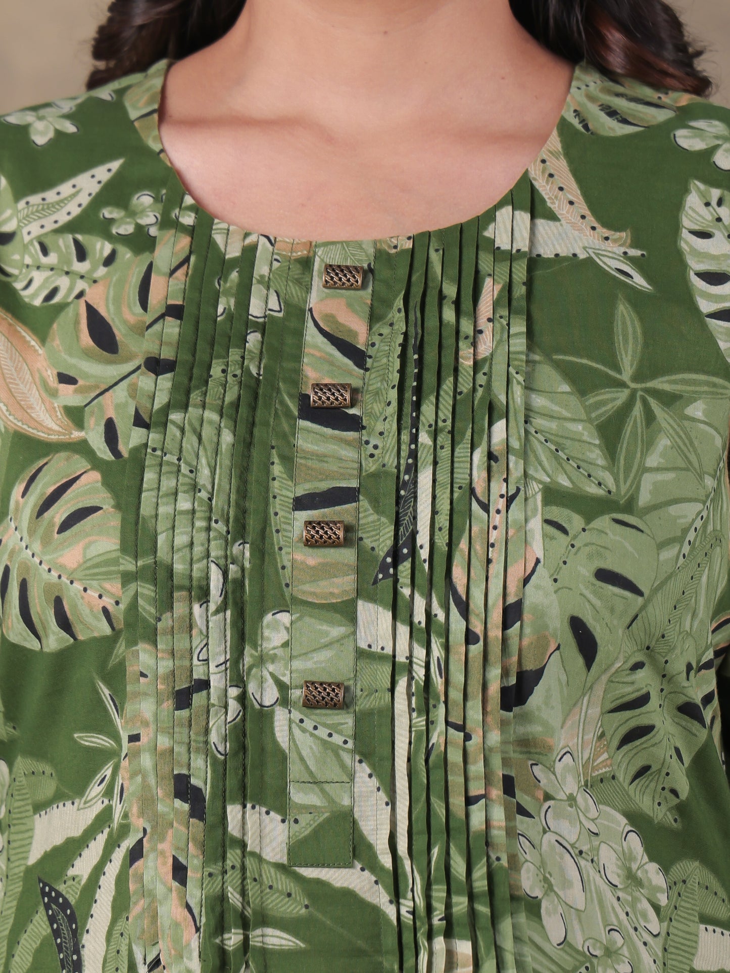 Soft Cotton Floral A-line Green Dress