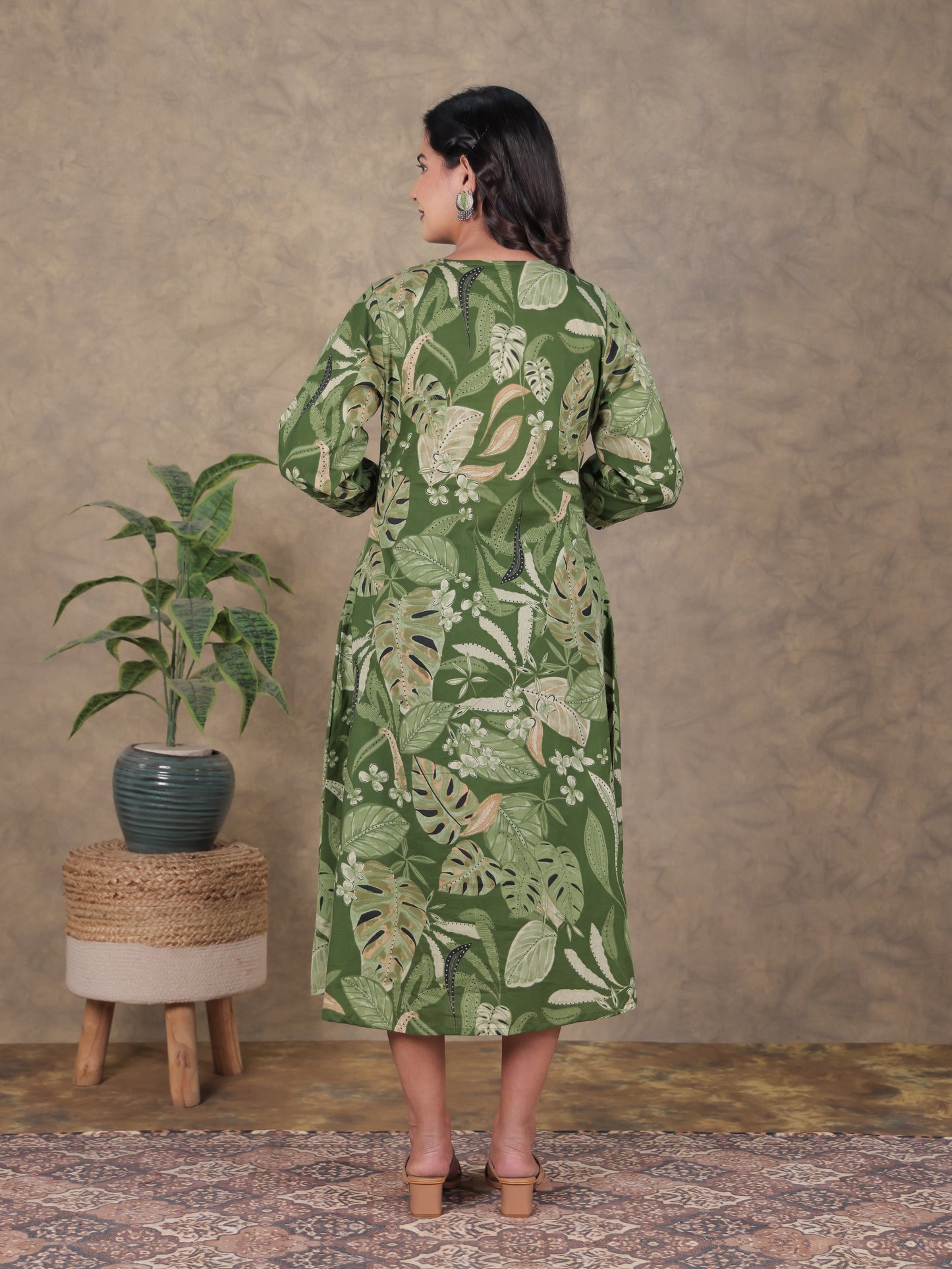 Soft Cotton Floral A-line Green Dress