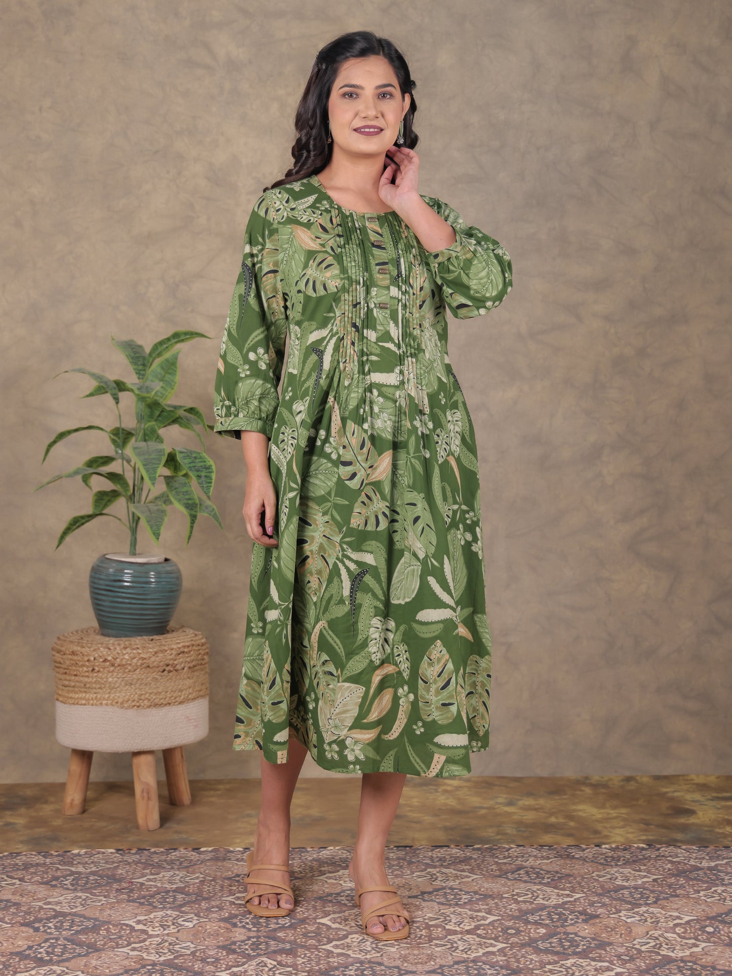 Soft Cotton Floral A-line Green Dress