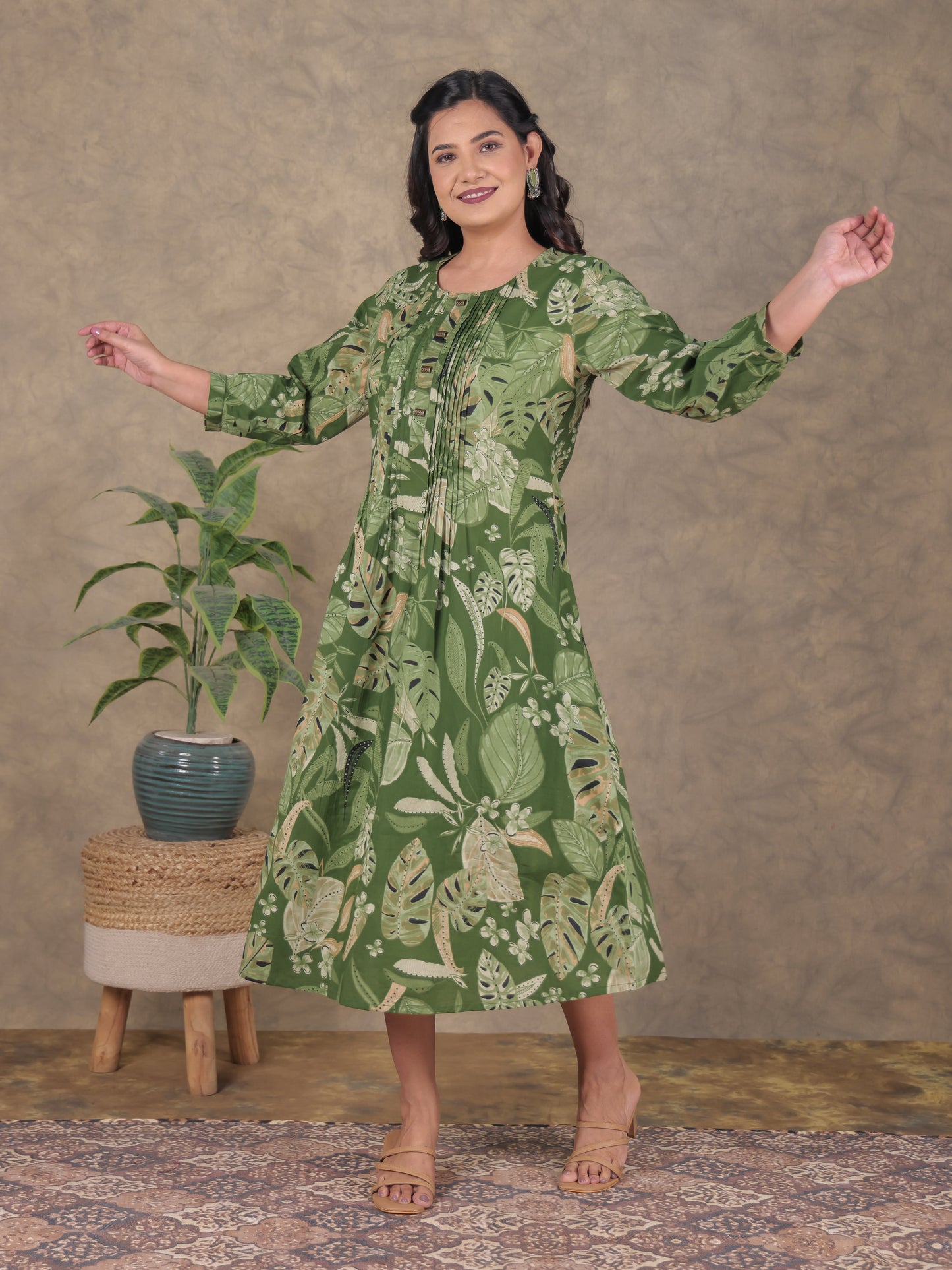 Soft Cotton Floral A-line Green Dress
