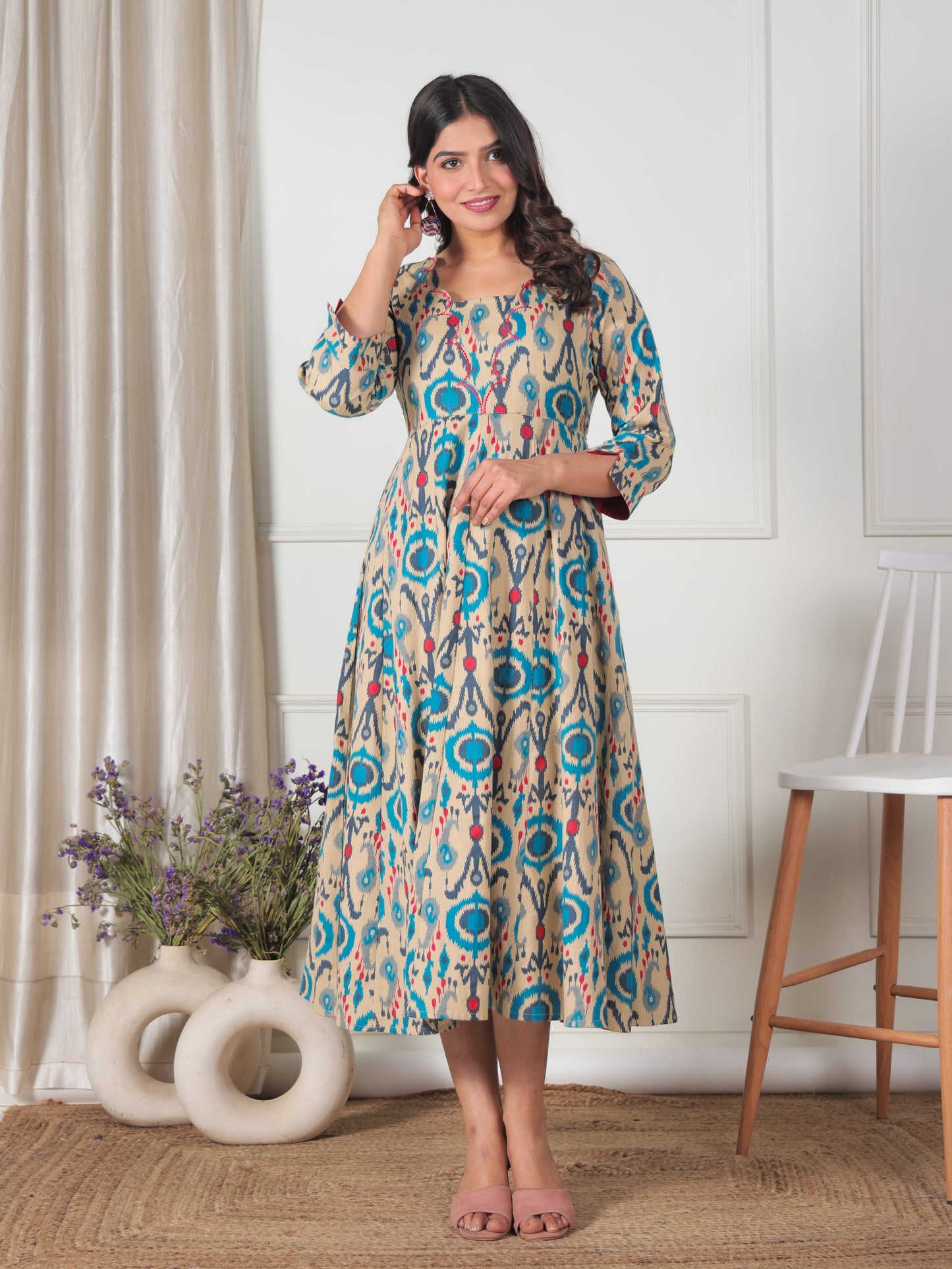 Embroidered Linen Cotton Ikat Flared Beige Dress