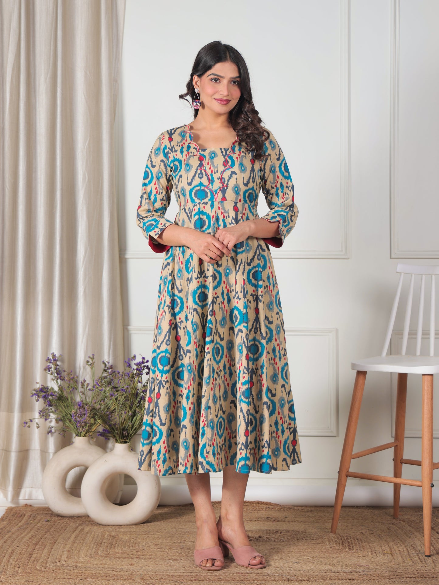 Embroidered Linen Cotton Ikat Flared Beige Dress