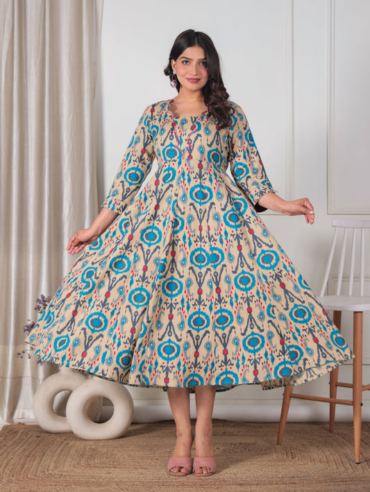 Embroidered Linen Cotton Ikat Flared Beige Dress